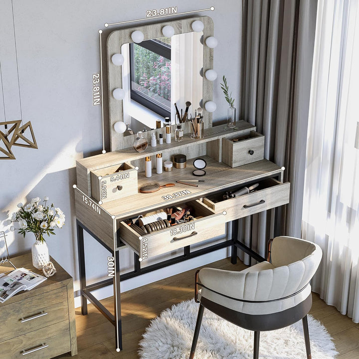 RoyalCraft Vanity Desk for Makeup with Mirror, Dimmable Lights & Drawers, Grey - VMInnovations