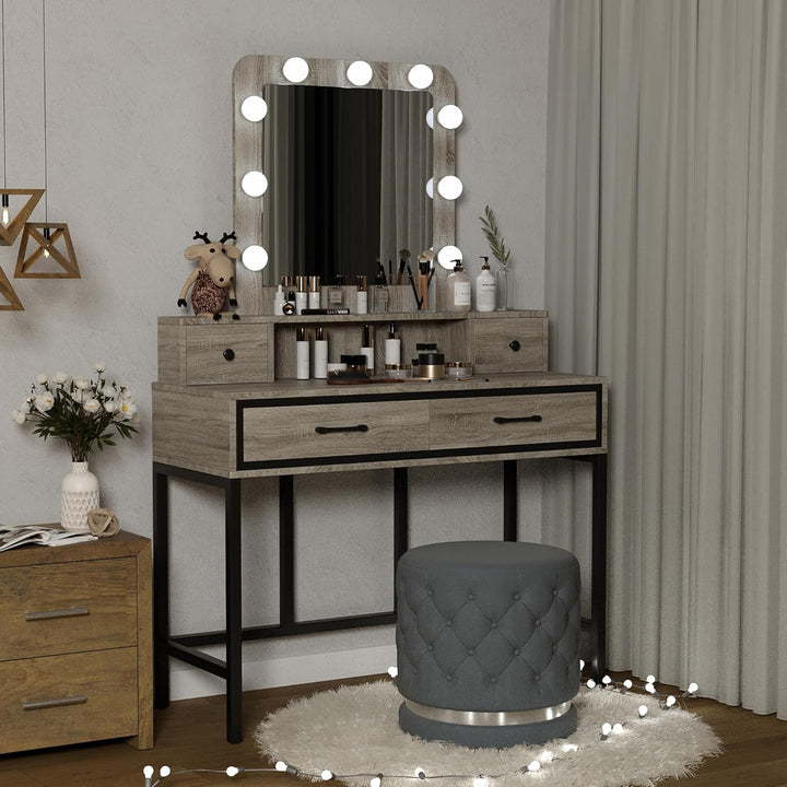 RoyalCraft Vanity Desk for Makeup with Mirror, Dimmable Lights & Drawers, Grey - VMInnovations
