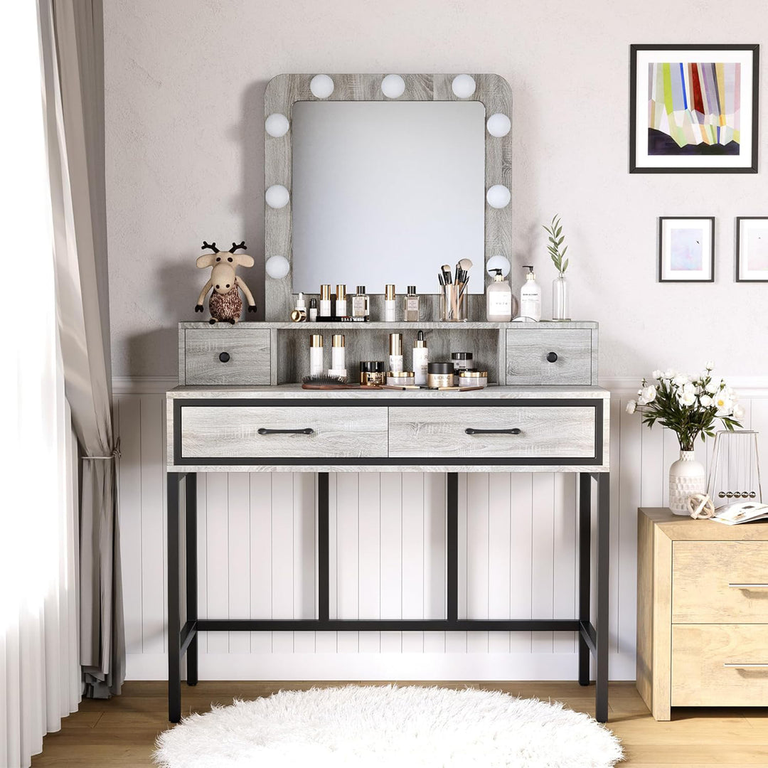 RoyalCraft Vanity Desk for Makeup with Mirror, Dimmable Lights & Drawers, Grey - VMInnovations