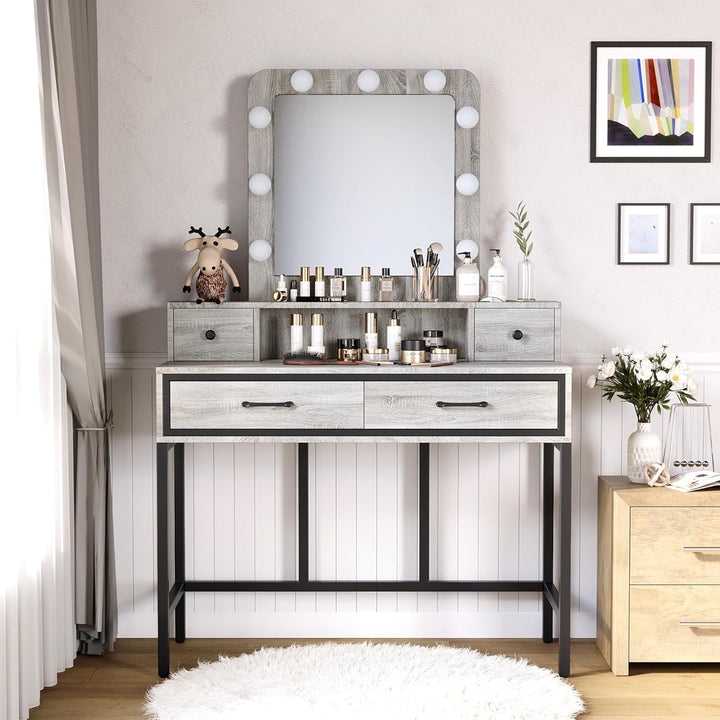 RoyalCraft Vanity Desk for Makeup with Mirror, Dimmable Lights & Drawers, Grey - VMInnovations