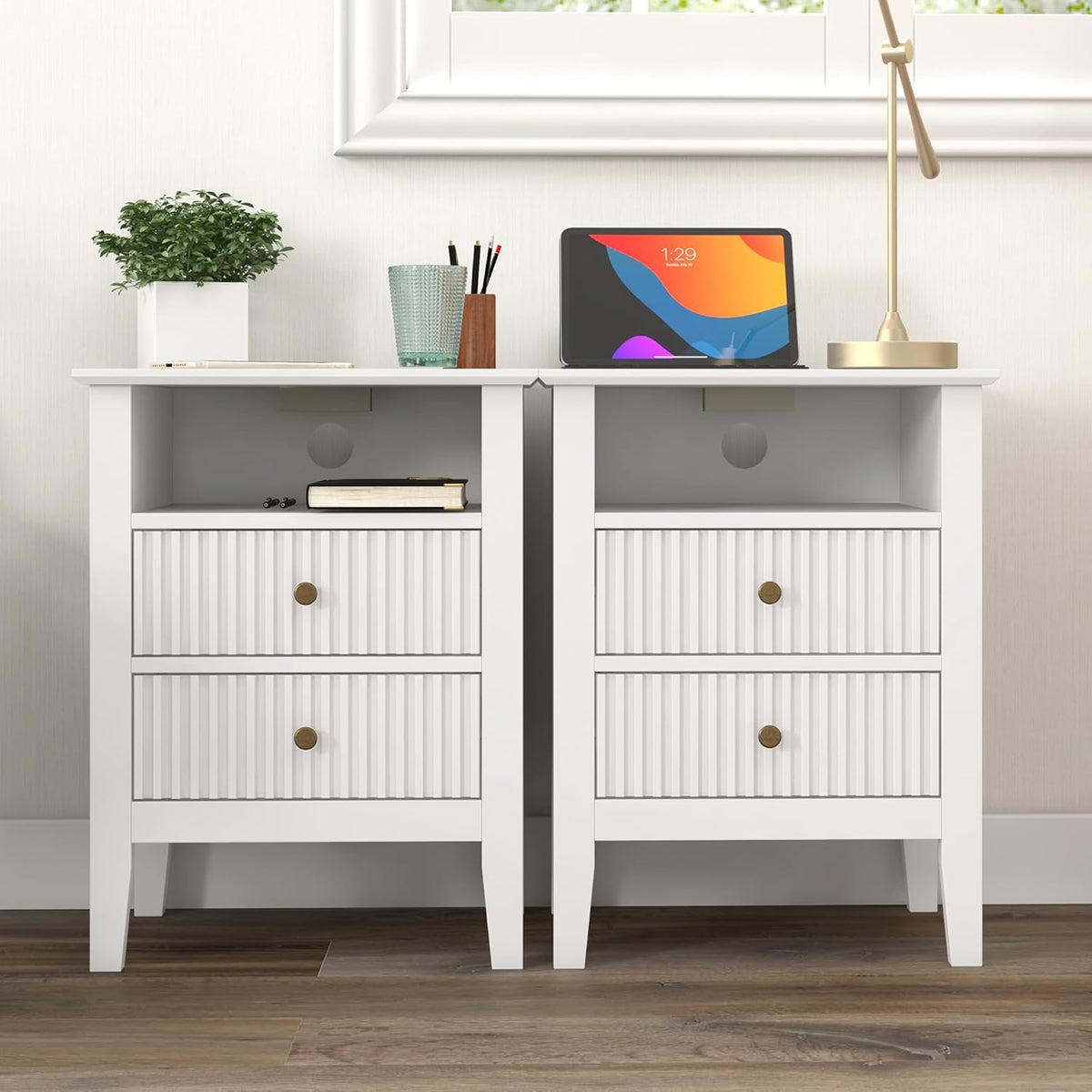 RoyalCraft Fluted 2 Drawer Nightstand w/Charging Station, White (Open Box) - VMInnovations