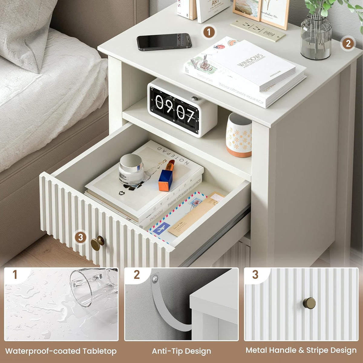 RoyalCraft Fluted 2 Drawer Nightstand w/Charging Station, White (Open Box) - VMInnovations