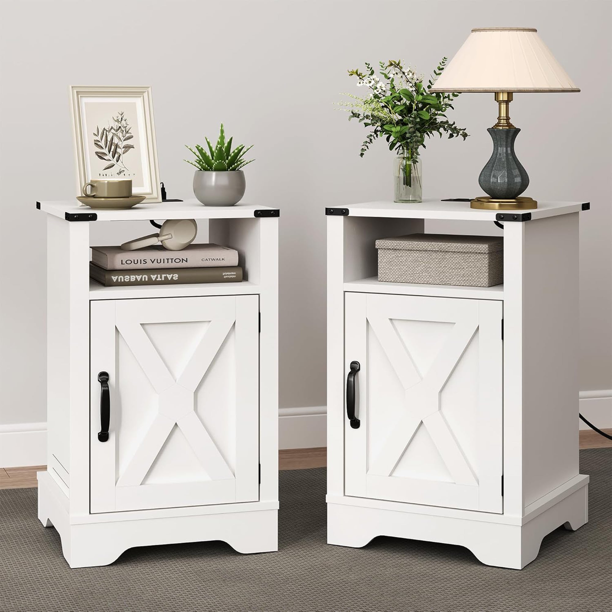 RoyalCraft Farmhouse Bedroom Nightstand with Charging Station, Set of 2, White - VMInnovations