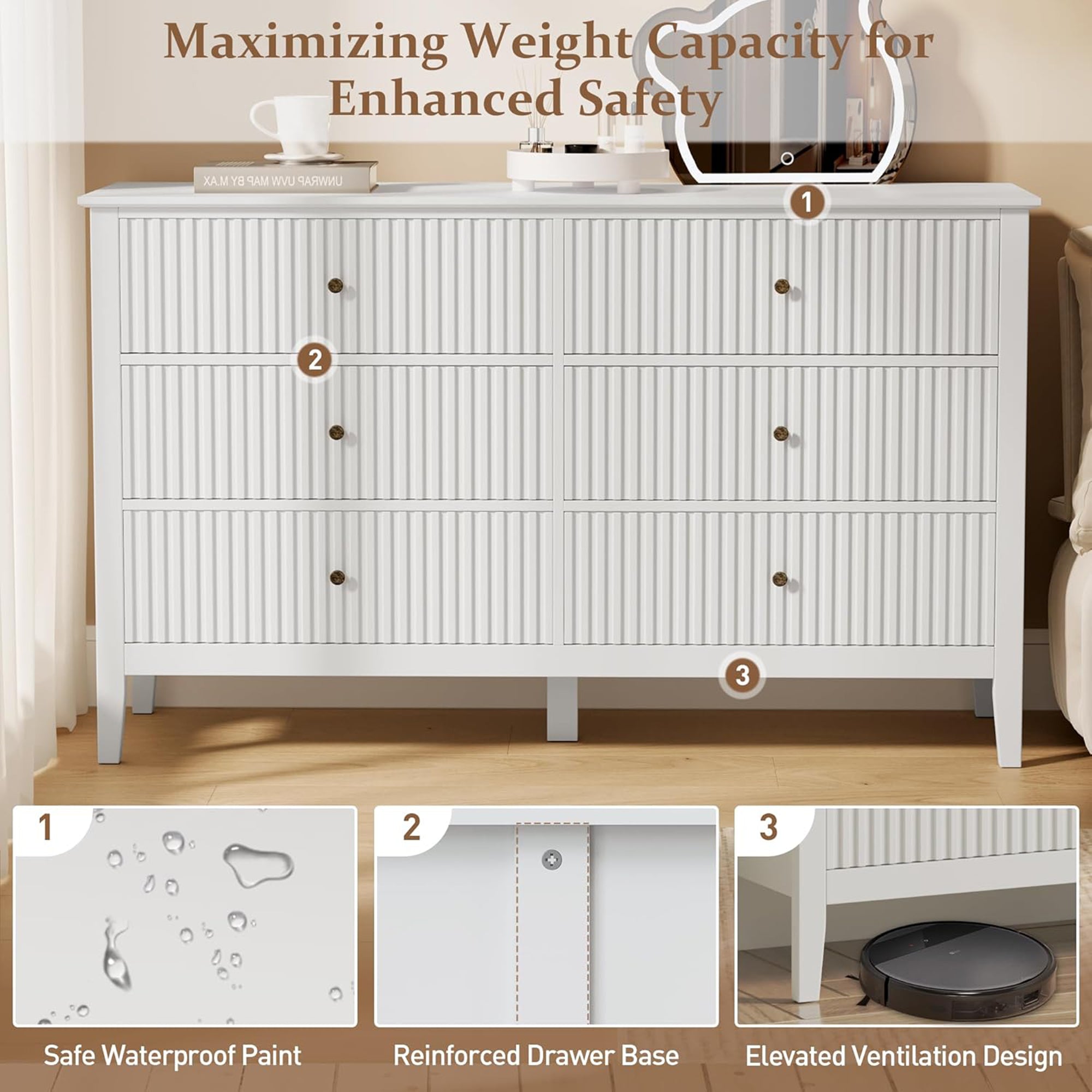RoyalCraft Fluted Dresser 6 Drawer Bedroom Cabinet and Nightstand (Open Box) - VMInnovations