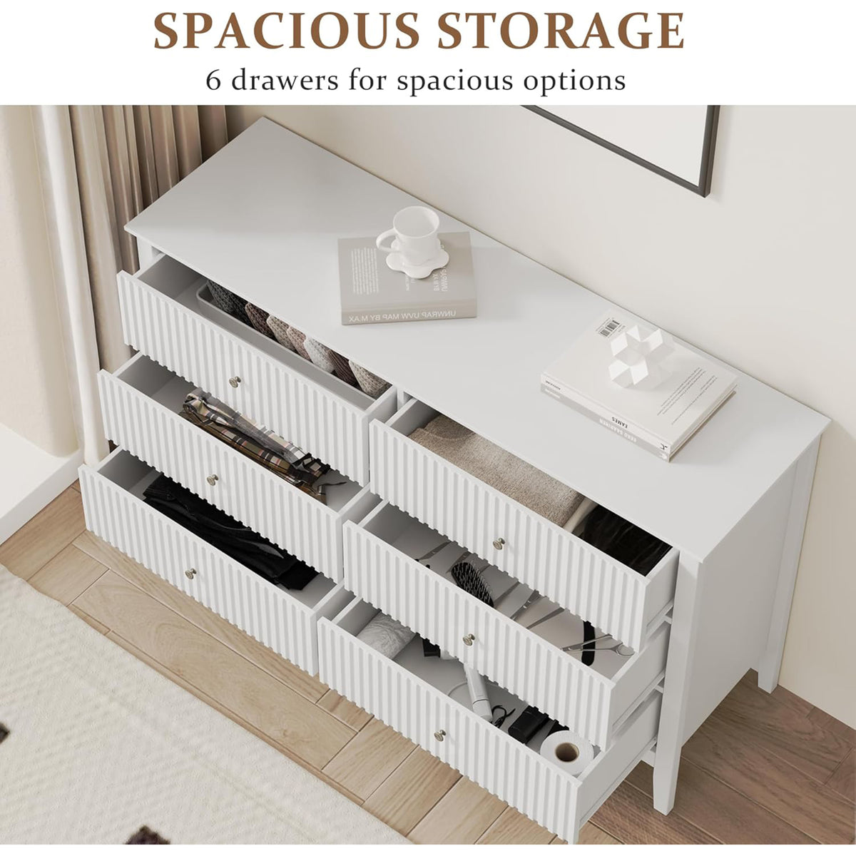RoyalCraft Fluted Dresser 6 Drawer Bedroom Cabinet and Nightstand (Open Box) - VMInnovations