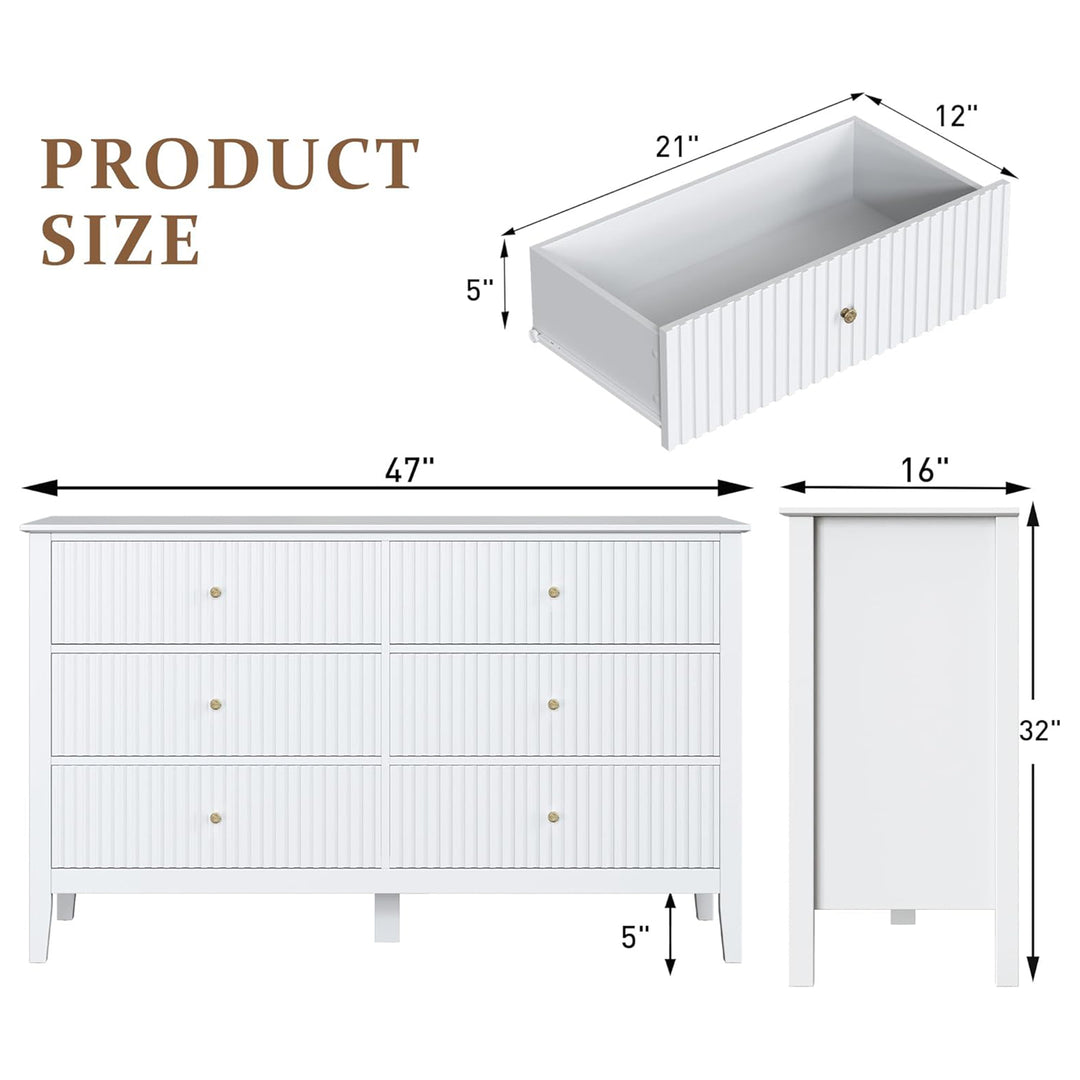 RoyalCraft Fluted Dresser 6 Drawer Bedroom Storage Cabinet and Nightstand, White - VMInnovations