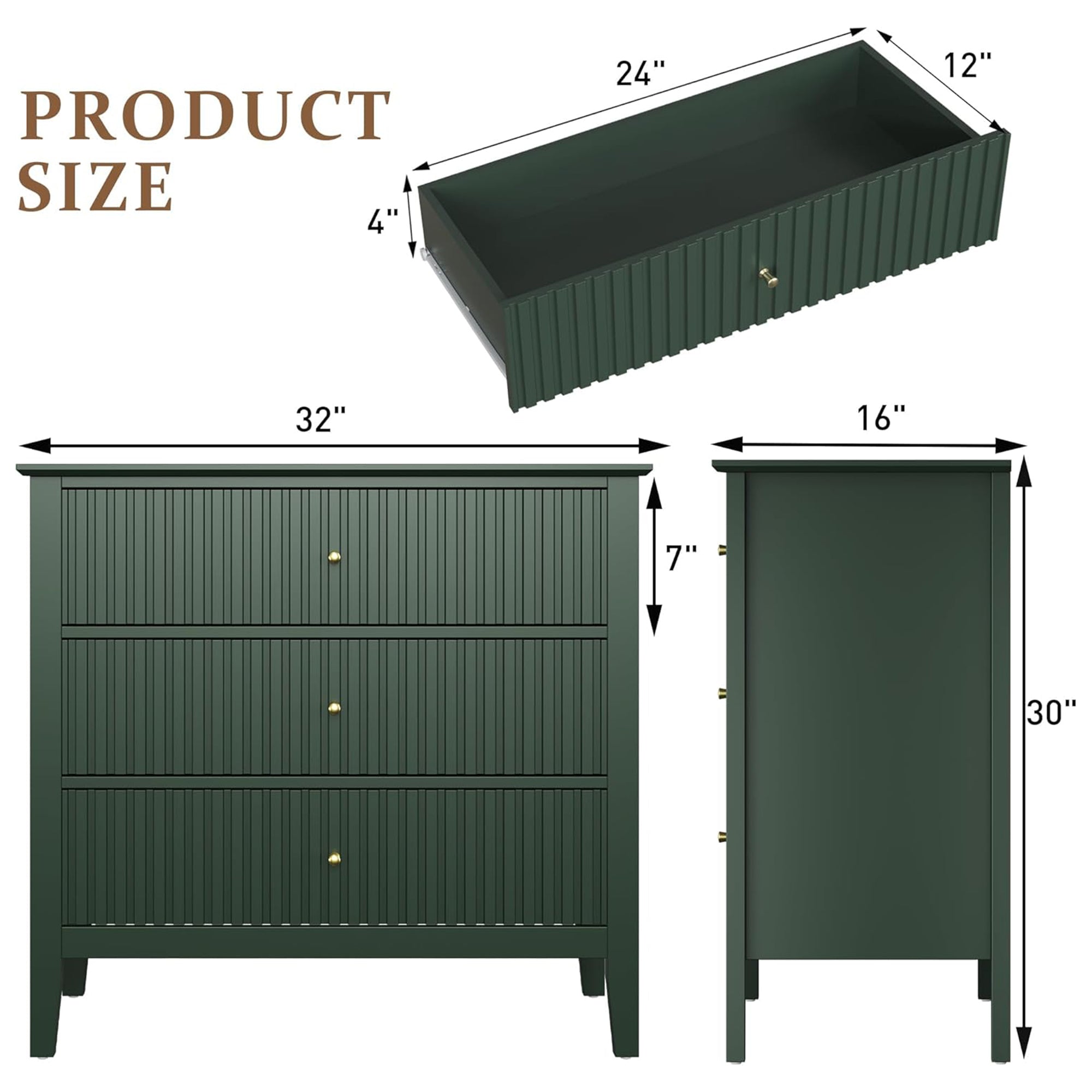 RoyalCraft Fluted Dresser 3 Drawer Bedroom Storage Cabinet and Nightstand, Green - VMInnovations