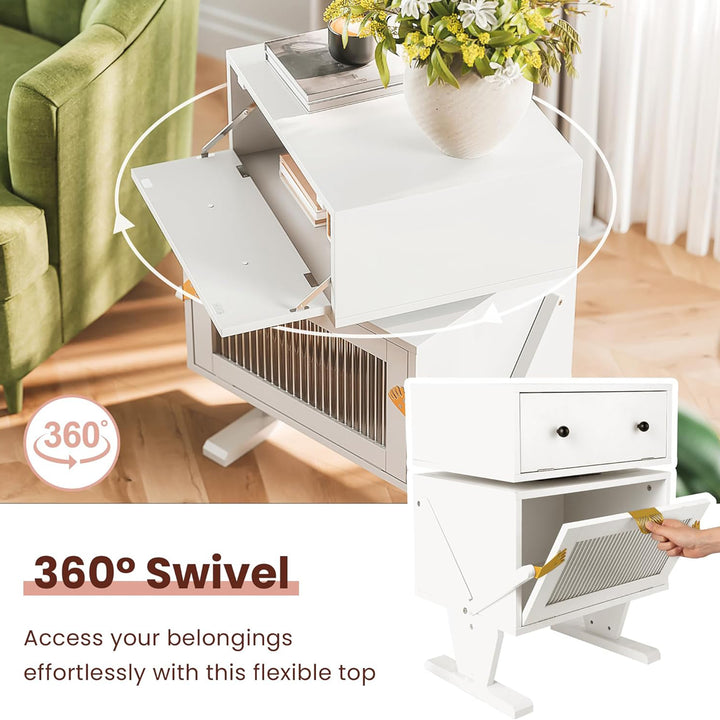 RoyalCraft Nightstand with LED Light Strips, Rotating Drawer & Glass Door, White - VMInnovations