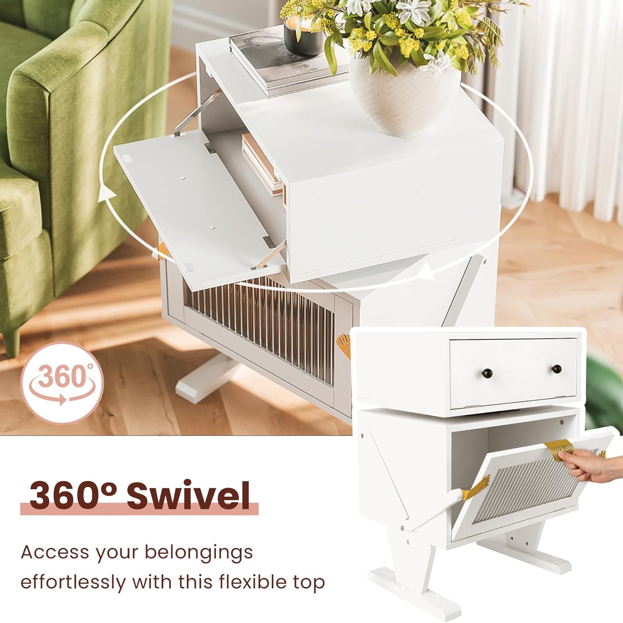RoyalCraft Nightstand with LED Light Strips, Rotating Drawer & Glass Door, White - VMInnovations