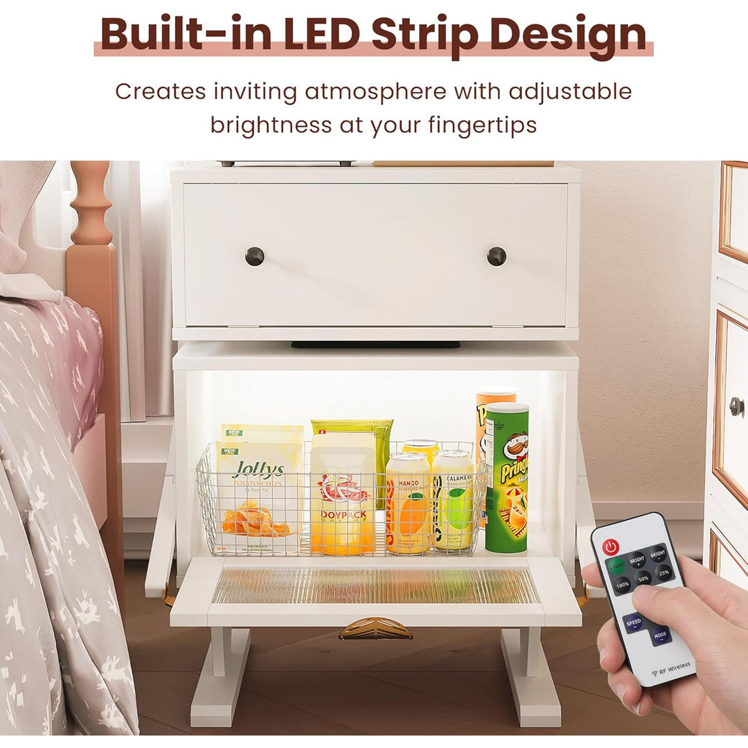 RoyalCraft Nightstand with LED Light Strips, Rotating Drawer & Glass Door, White - VMInnovations