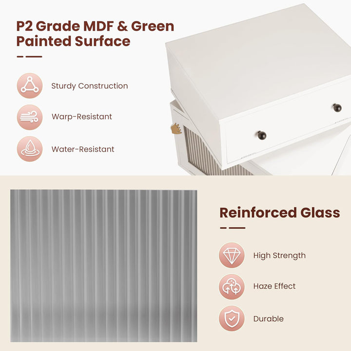 RoyalCraft Nightstand with LED Light Strips, Rotating Drawer & Glass Door, White - VMInnovations