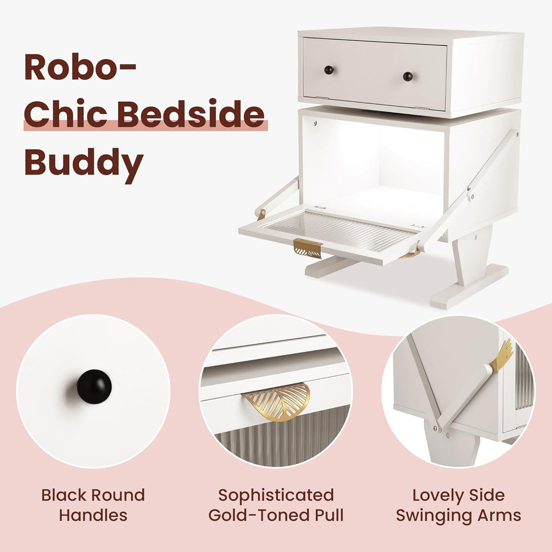 RoyalCraft Nightstand with LED Light Strips, Rotating Drawer & Glass Door, White - VMInnovations