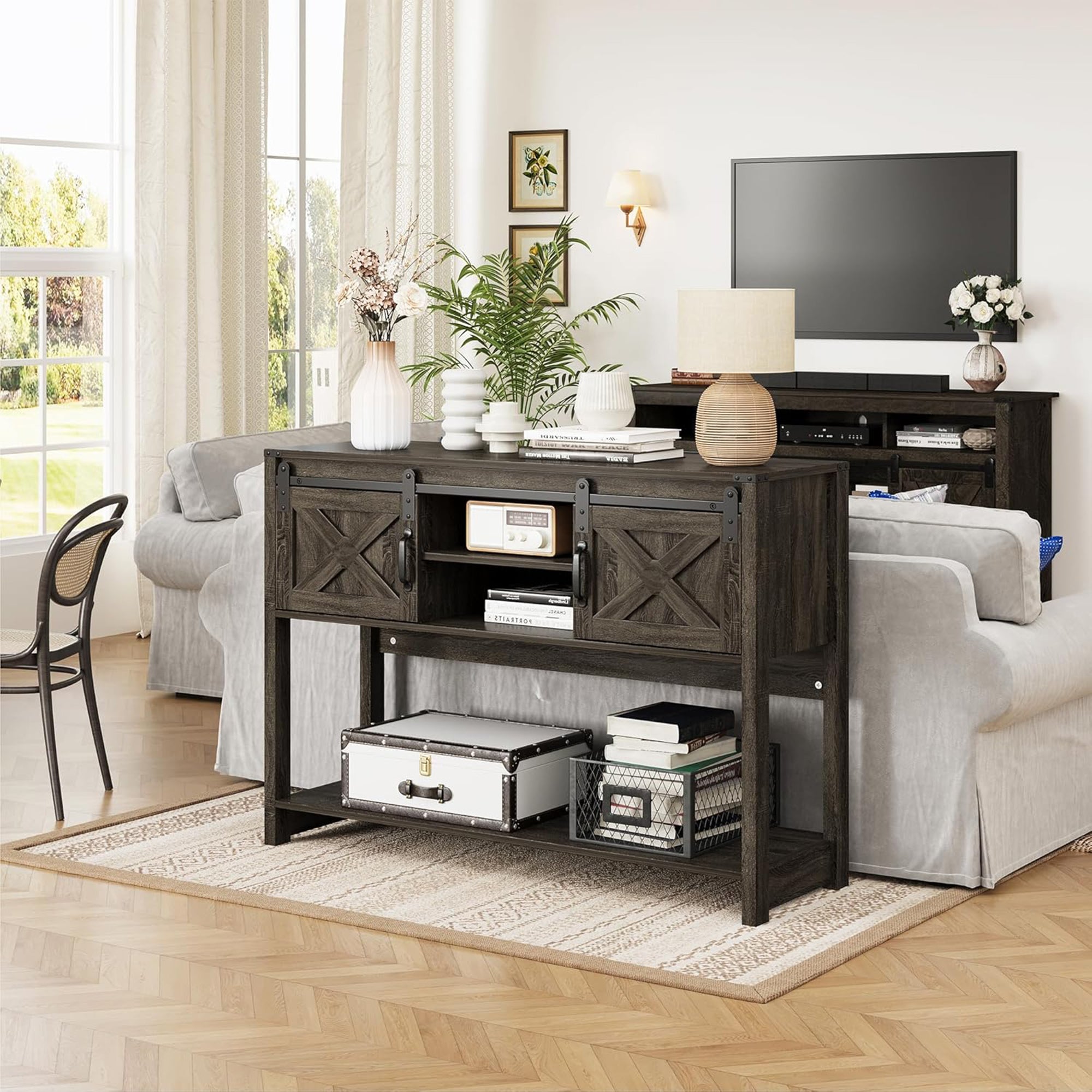 RoyalCraft Farmhouse Entryway Console Table w/Storage Shelves, Grey (Open Box) - VMInnovations