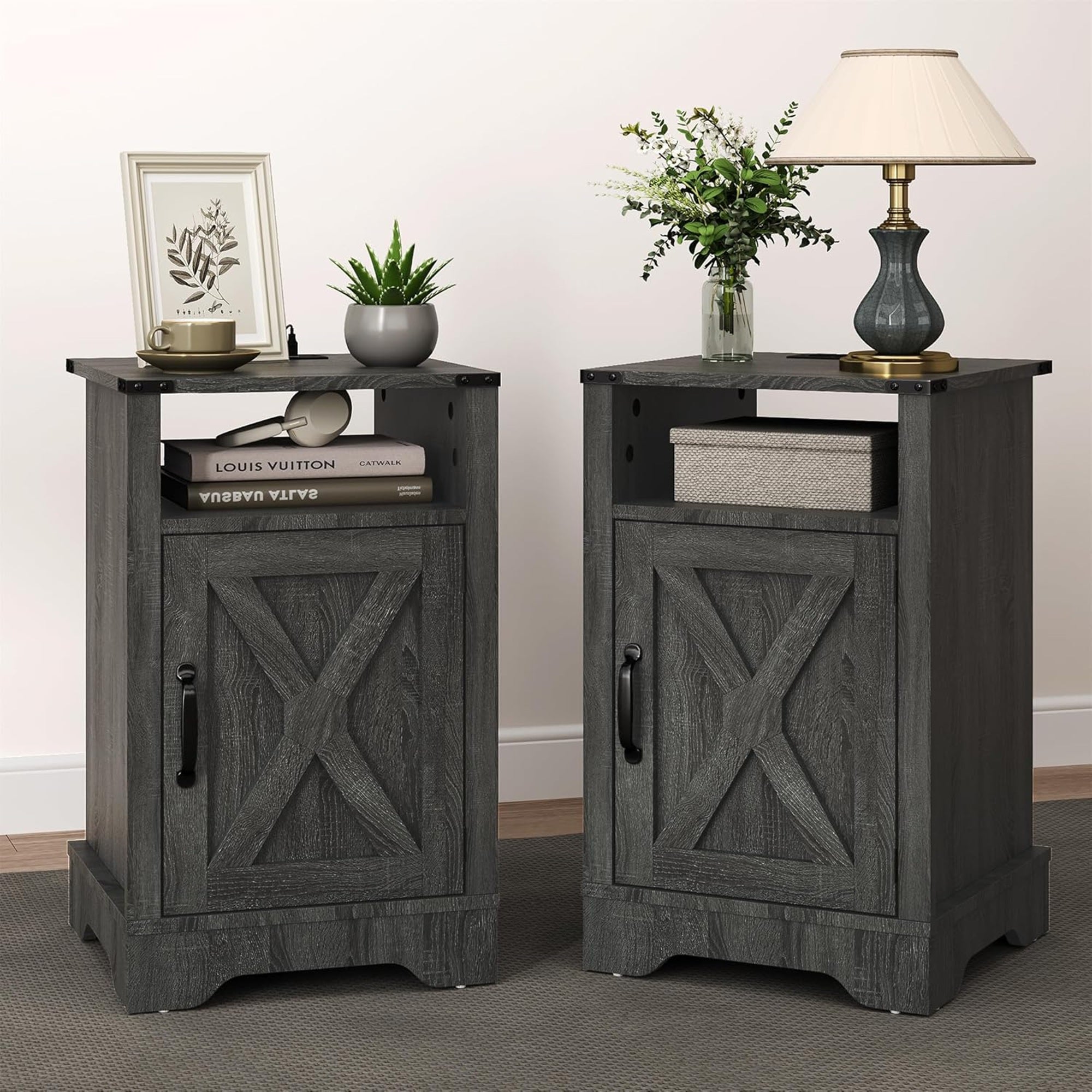 RoyalCraft Farmhouse Nightstand with Charging Station, Set of 2, Grey (Open Box) - VMInnovations