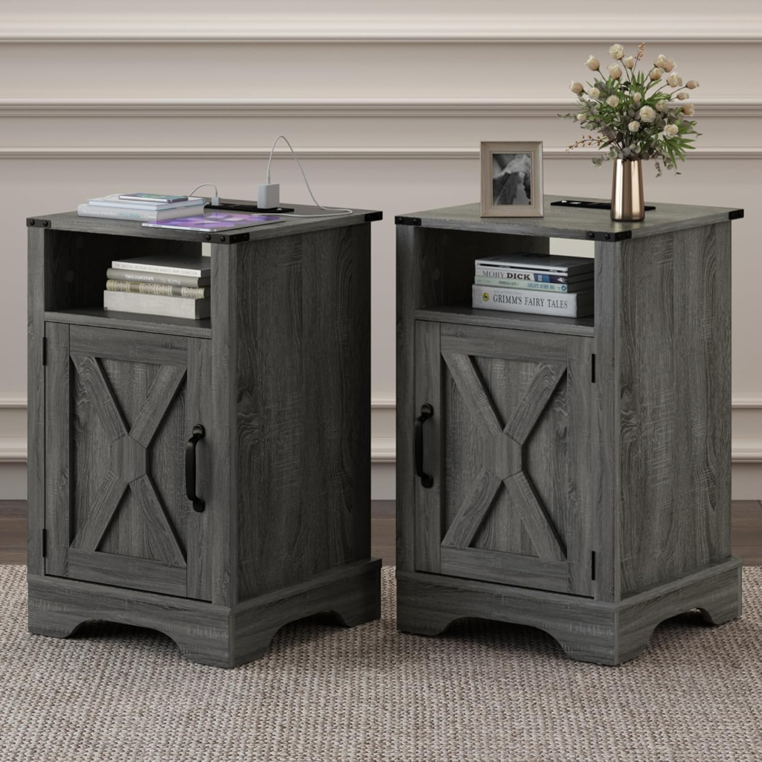 RoyalCraft Farmhouse Nightstand with Charging Station, Set of 2, Grey (Open Box) - VMInnovations