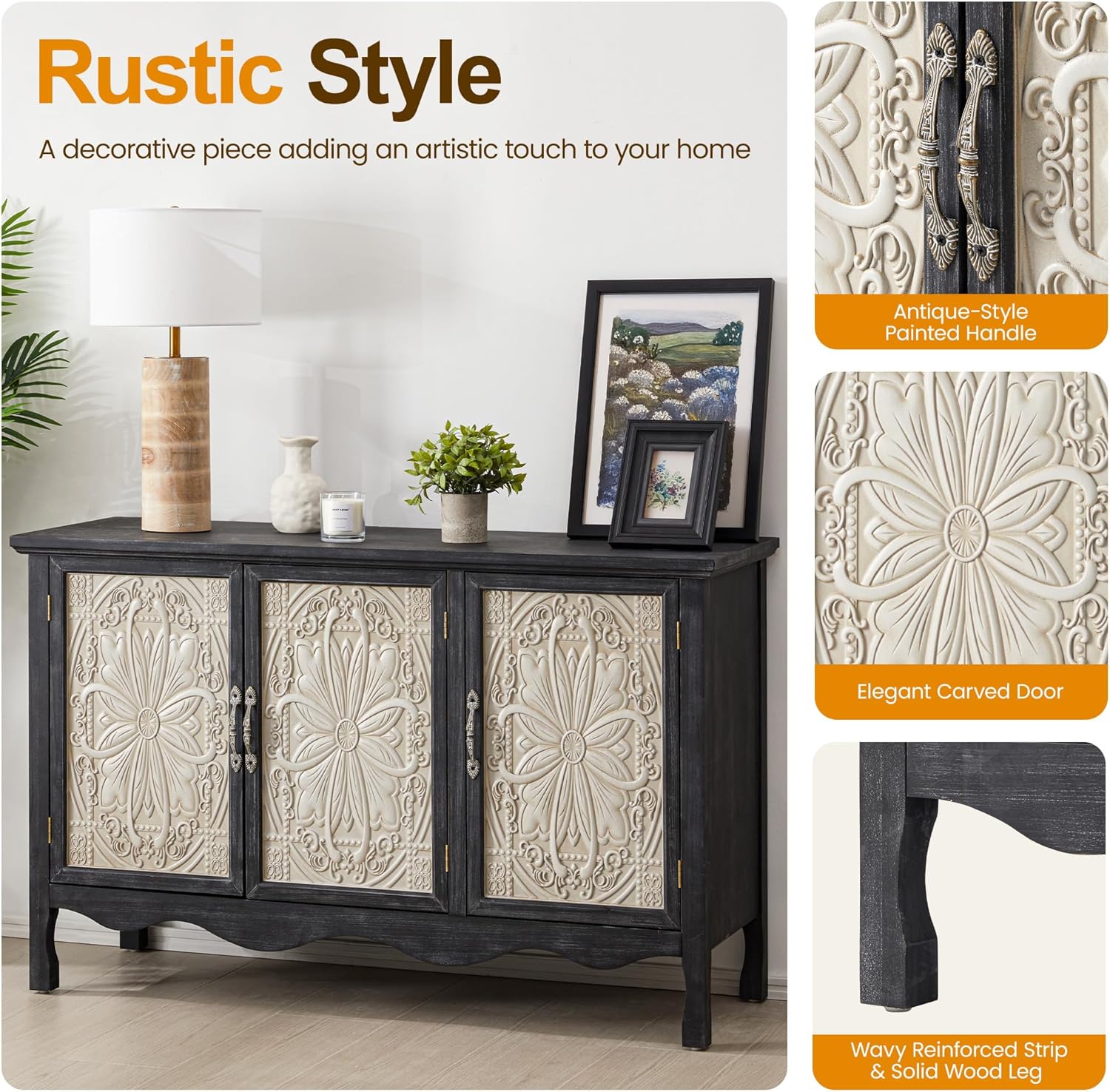 RoyalCraft Farmhouse Buffet Cabinet Solid Wood Sideboard Storage Table, Black - VMInnovations