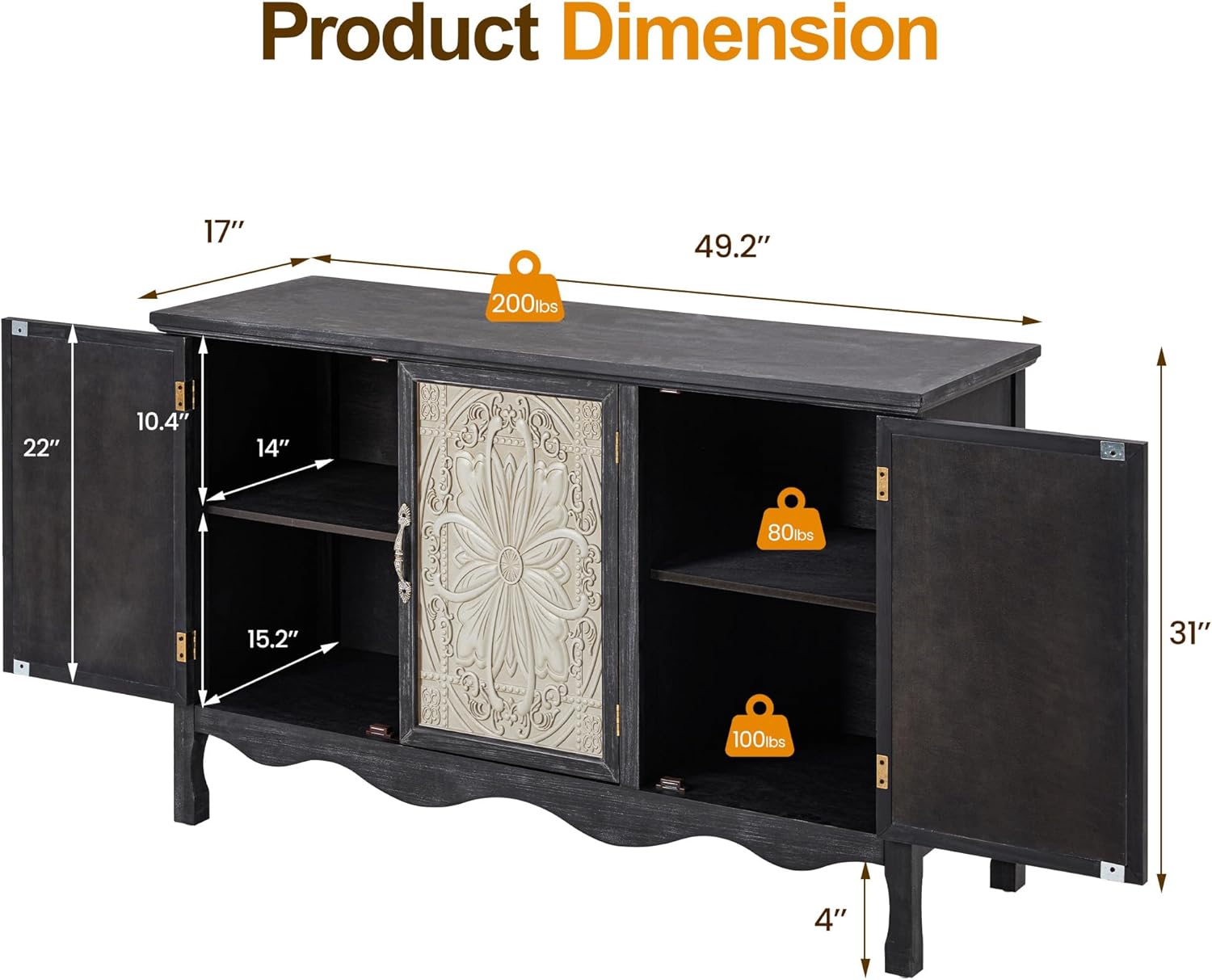 RoyalCraft Farmhouse Buffet Cabinet Solid Wood Sideboard Storage Table, Black - VMInnovations