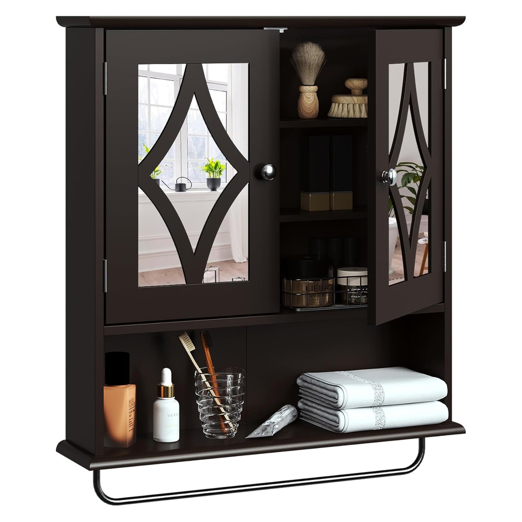 RoyalCraft Wall Wood Medicine Cabinet w/Mirror and Towel Bar, Brown (Open Box) - VMInnovations