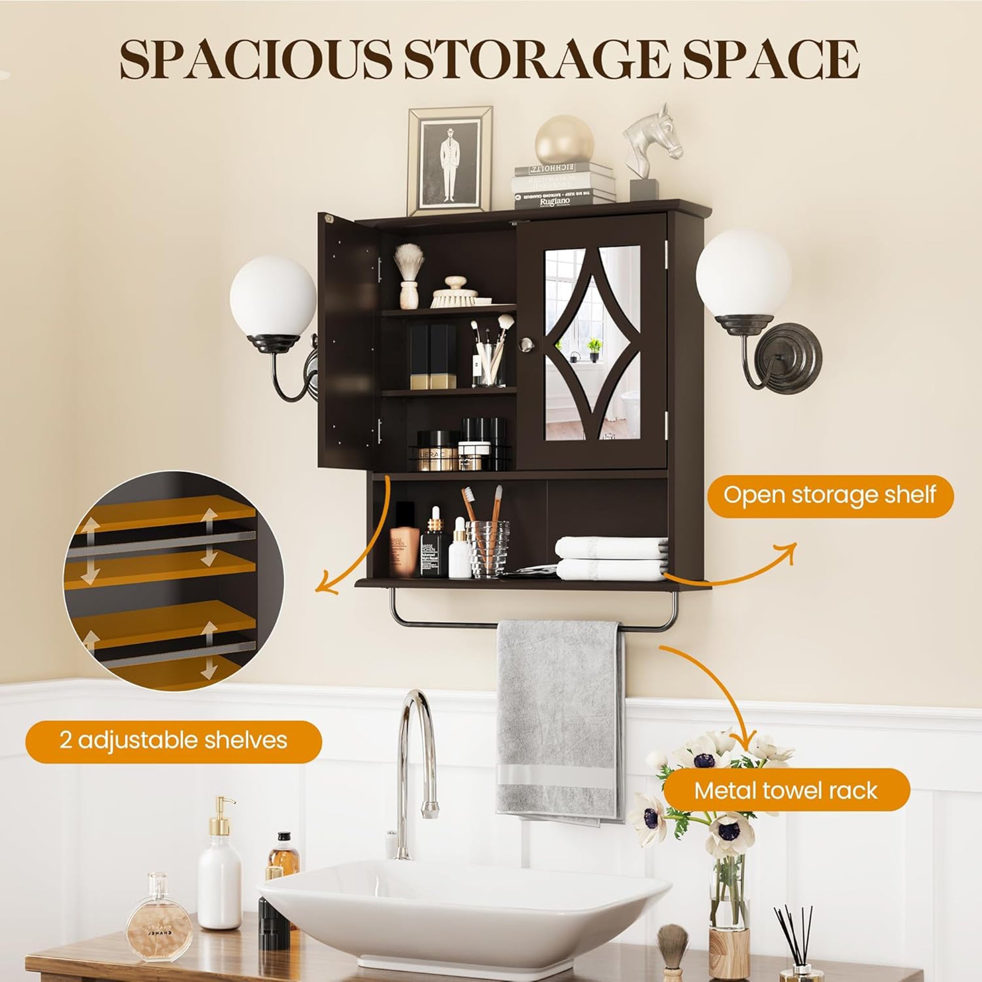 RoyalCraft Wall Wood Medicine Cabinet w/Mirror and Towel Bar, Brown (Open Box) - VMInnovations