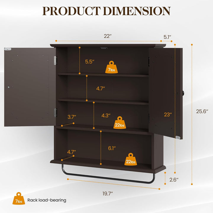 RoyalCraft Bathroom Wall Wood Medicine Cabinet with Mirror and Towel Bar, Brown - VMInnovations