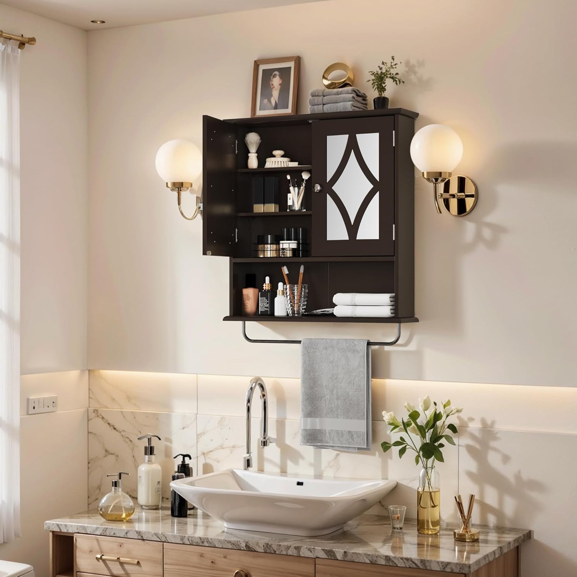 RoyalCraft Wall Wood Medicine Cabinet w/Mirror and Towel Bar, Brown (Open Box) - VMInnovations