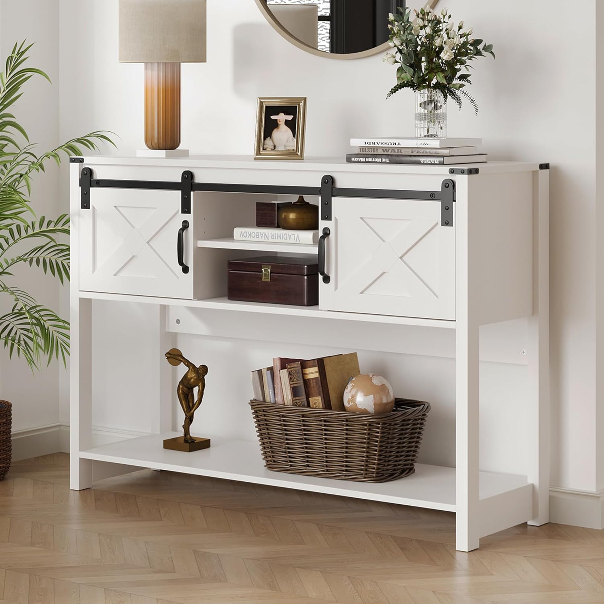 RoyalCraft Farmhouse Entryway Console Wooden Table with Storage Shelves, White - VMInnovations