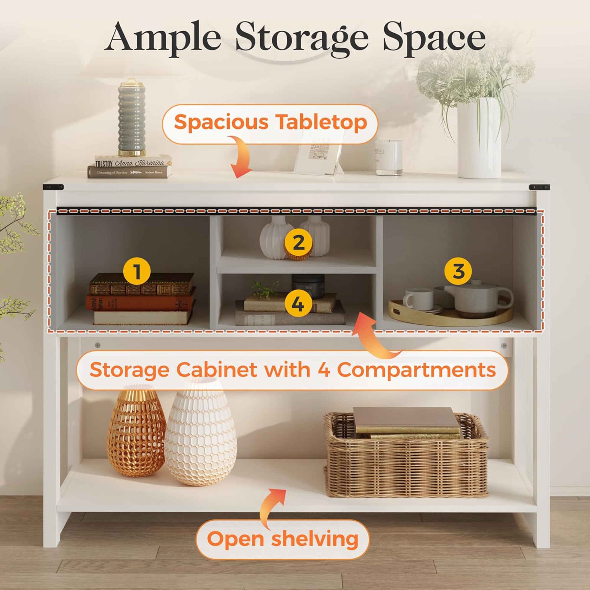 RoyalCraft Farmhouse Entryway Console Wooden Table with Storage Shelves, White - VMInnovations