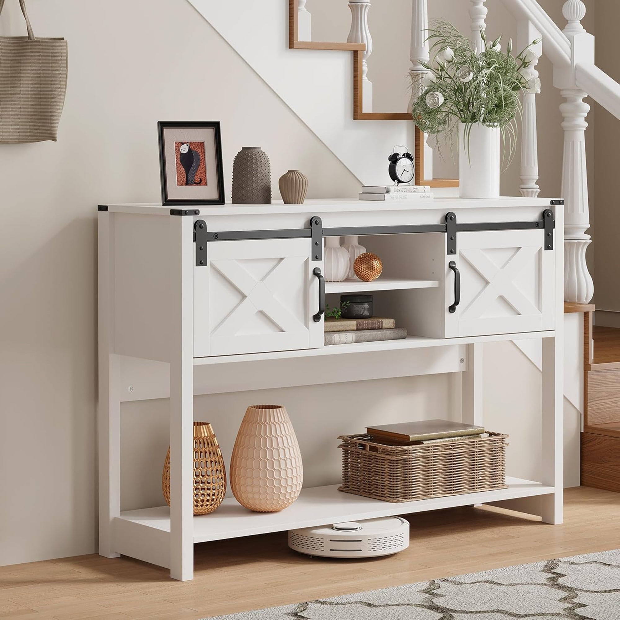 RoyalCraft Farmhouse Entryway Console Wooden Table with Storage Shelves, White - VMInnovations