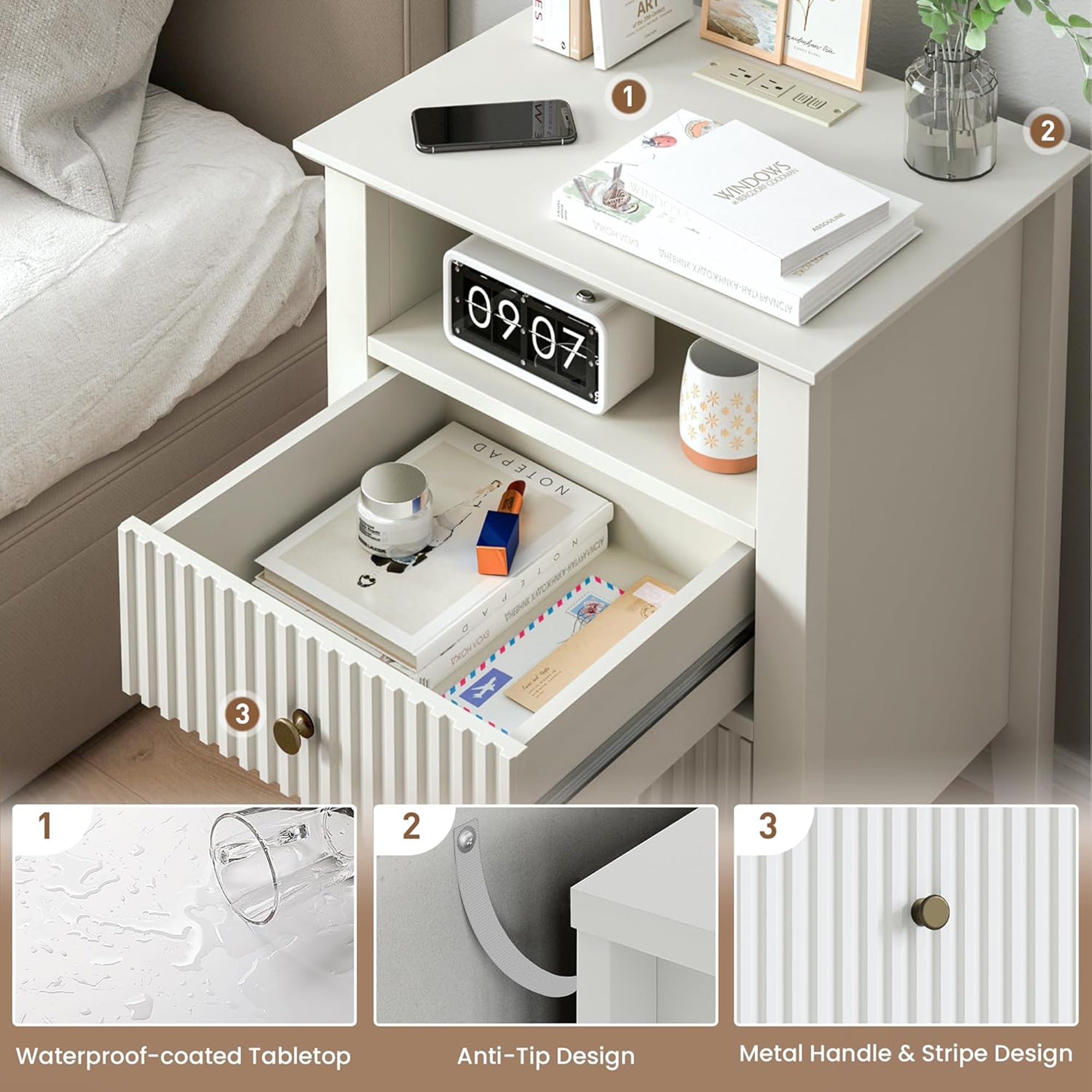 RoyalCraft Fluted 2 Drawer Nightstand, Table w/ Charging Station (Open Box) - VMInnovations