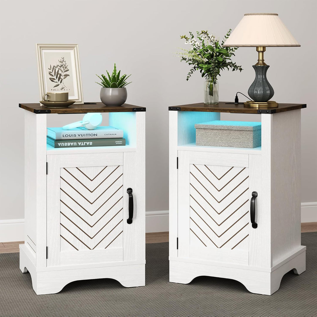 RoyalCraft Nightstand w/ LED Lights & Charging Station, Set of 2, Antique White - VMInnovations
