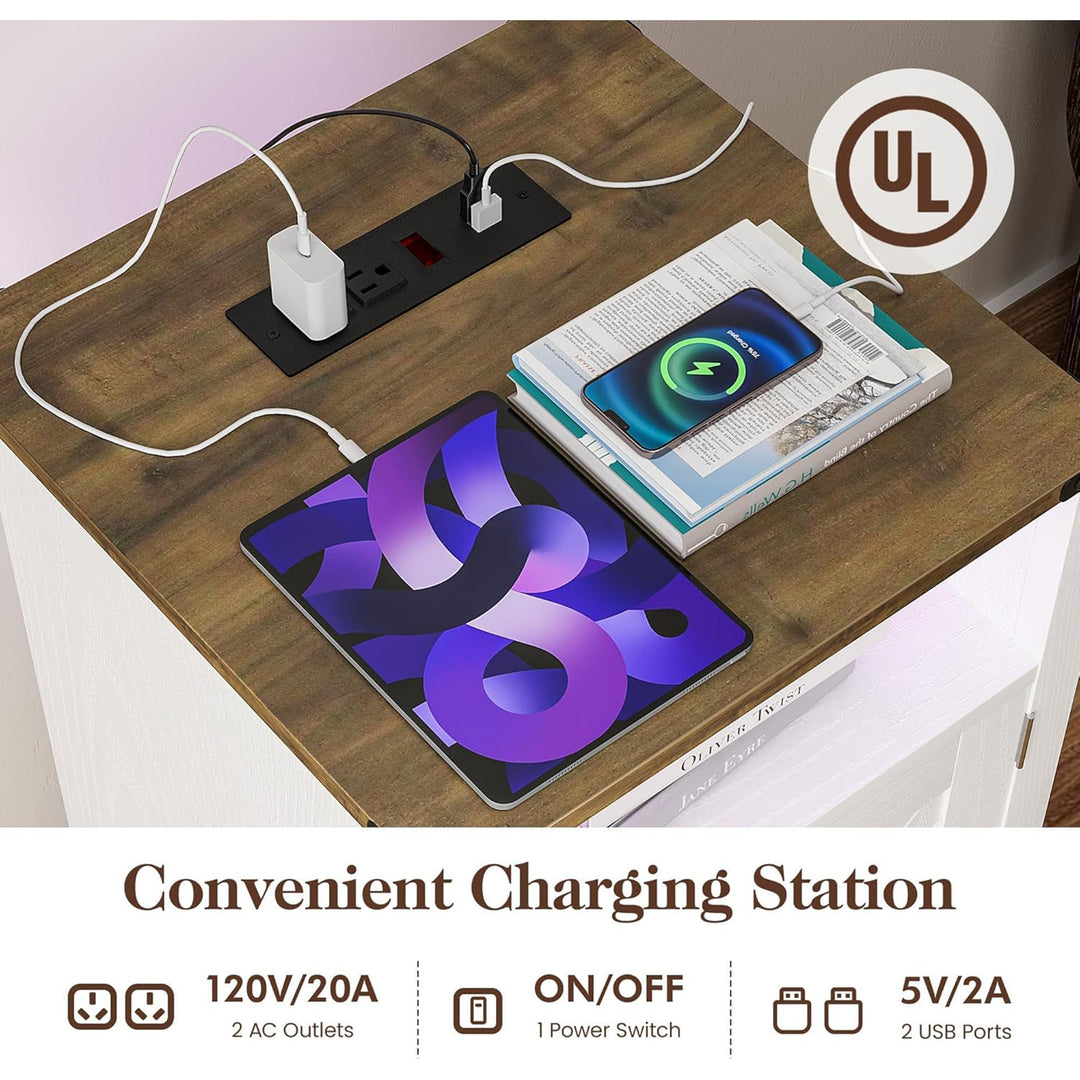 RoyalCraft Nightstand w/ LED Lights & Charging Station, Set of 2, Antique White - VMInnovations