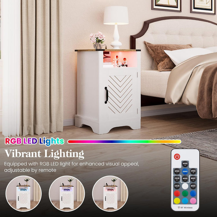 RoyalCraft Nightstand w/ LED Lights & Charging Station, Set of 2, Antique White - VMInnovations