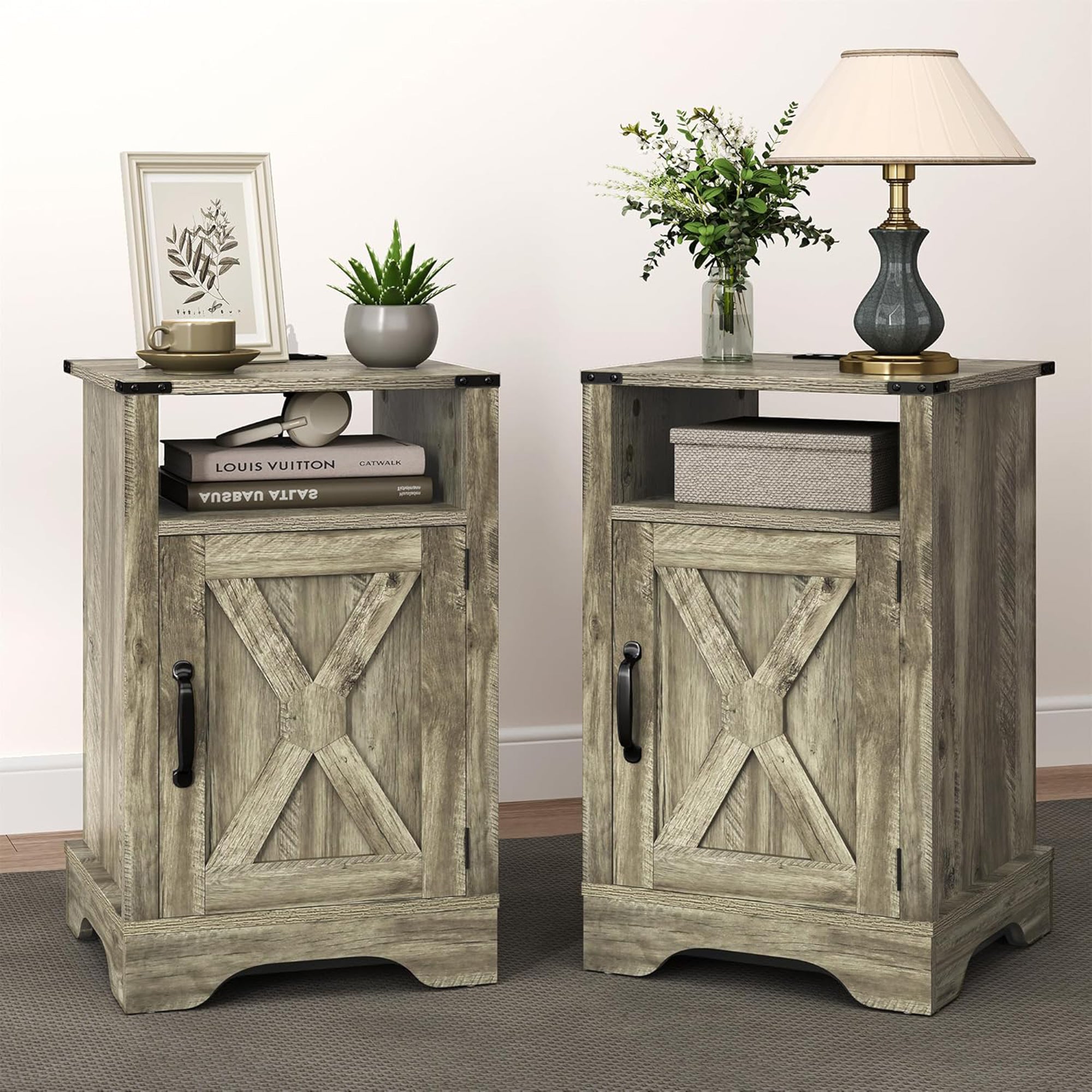 RoyalCraft Farmhouse Nightstand with Charging Station, Set of 2, Light Grey - VMInnovations