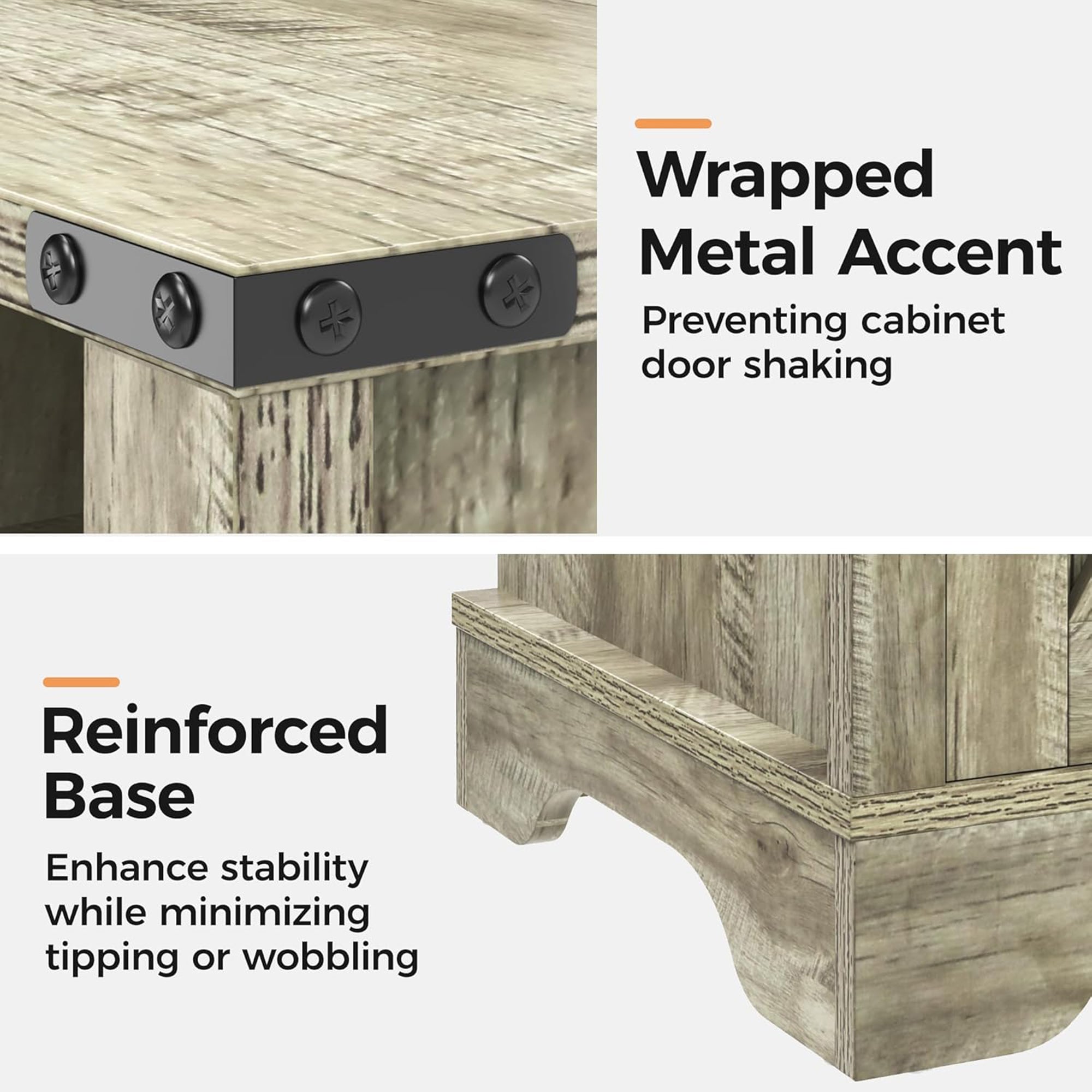 RoyalCraft Farmhouse Nightstand with Charging Station, Set of 2, Light Grey