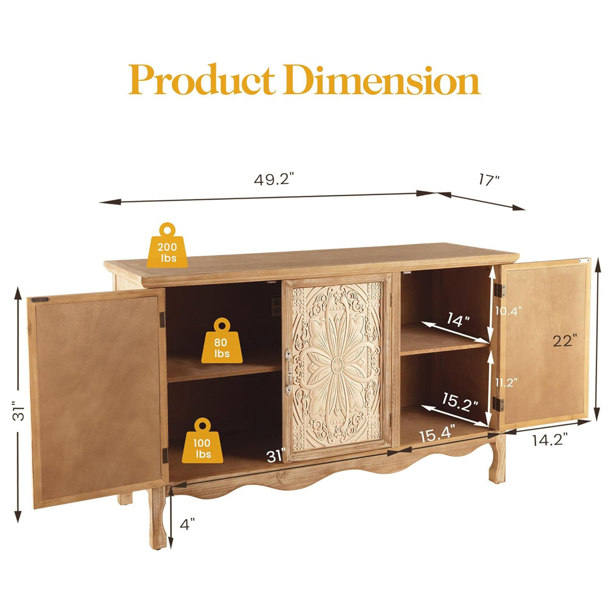 RoyalCraft Buffet Cabinet Solid Wood Sideboard Storage Table, Brown (For Parts) - VMInnovations