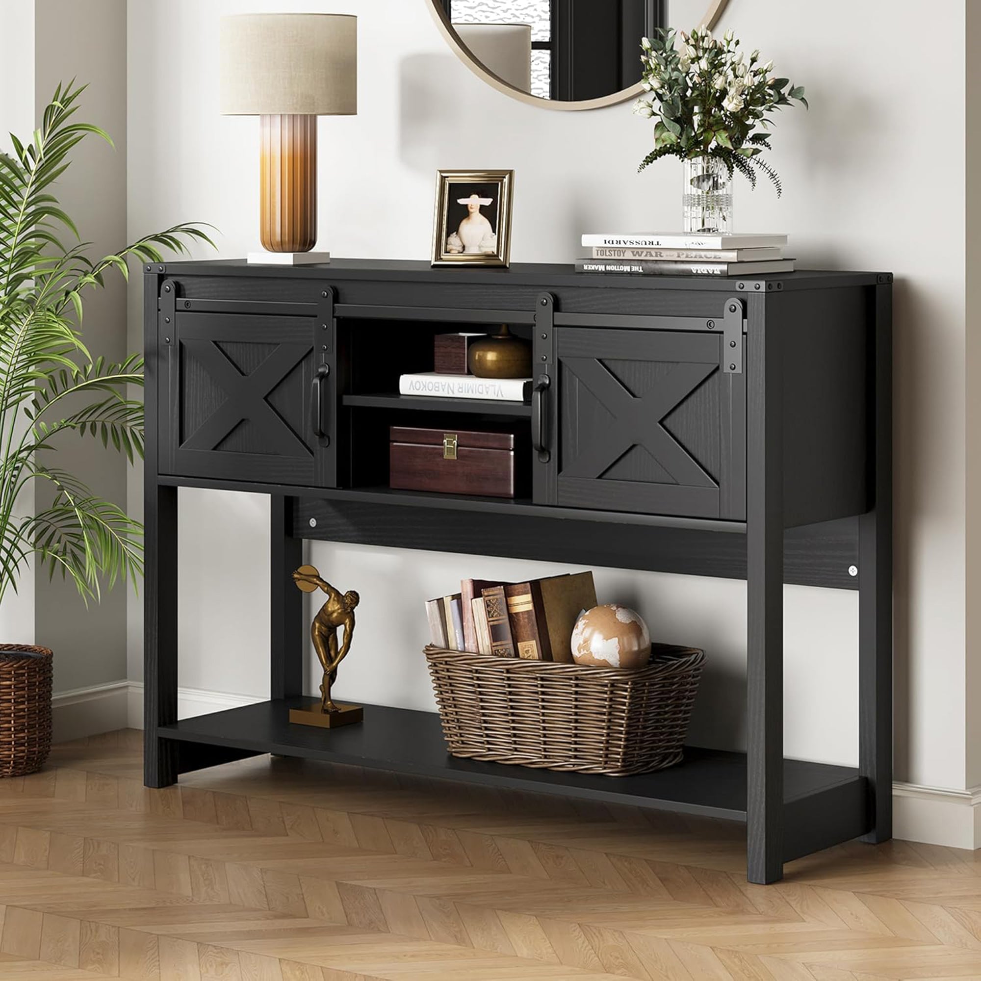 RoyalCraft Farmhouse Entryway Console Wooden Table with Storage Shelves, Black - VMInnovations