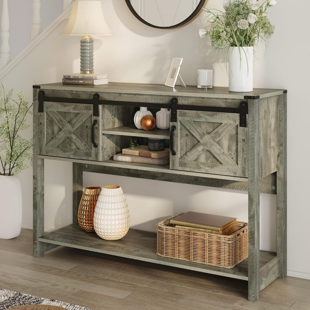 RoyalCraft Farmhouse Entryway Console Table with Storage Shelves, Light Grey - VMInnovations