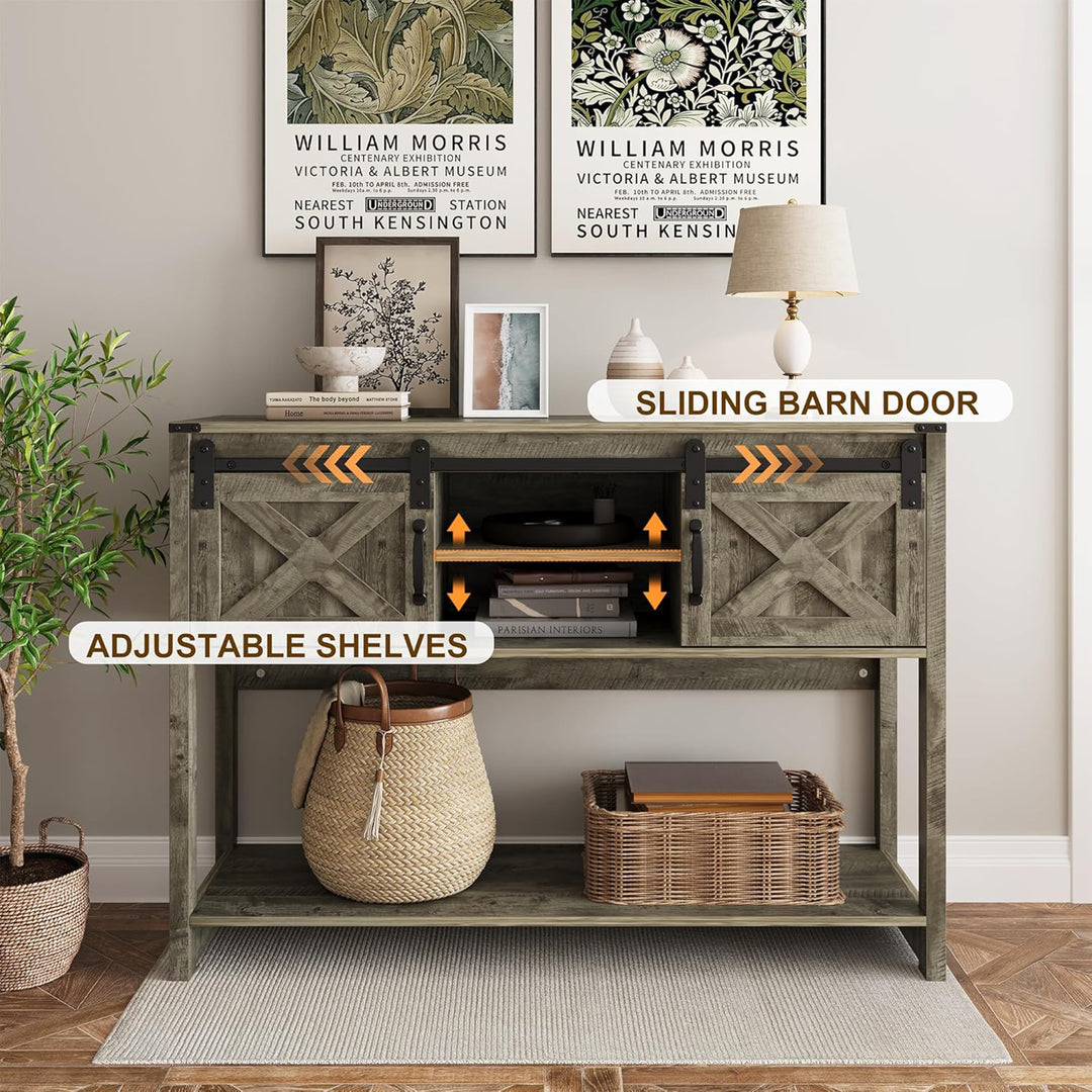 RoyalCraft Farmhouse Entryway Console Table with Storage Shelves, Light Grey - VMInnovations