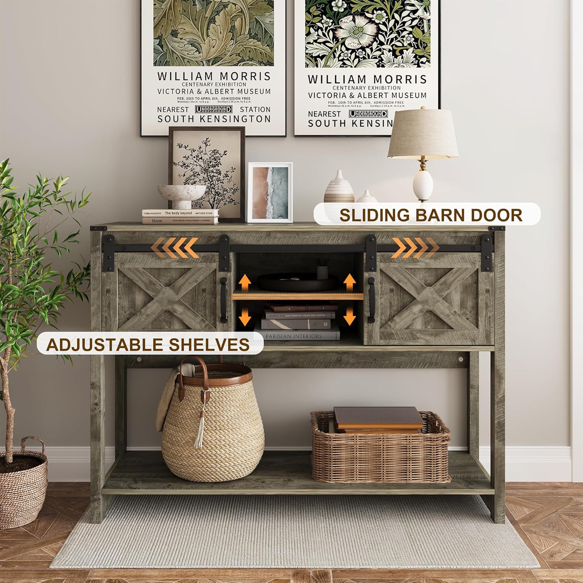 RoyalCraft Farmhouse Entryway Console Table with Storage Shelves, Light Grey - VMInnovations