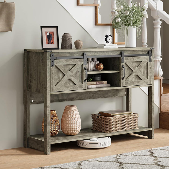 RoyalCraft Farmhouse Entryway Console Table with Storage Shelves, Light Grey - VMInnovations