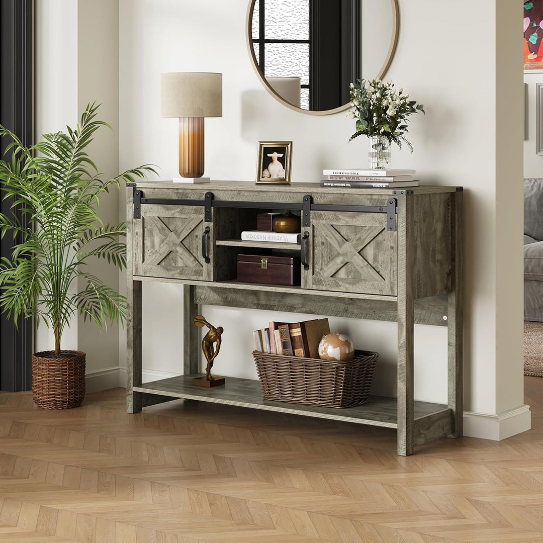 RoyalCraft Farmhouse Entryway Console Table with Storage Shelves, Light Grey - VMInnovations