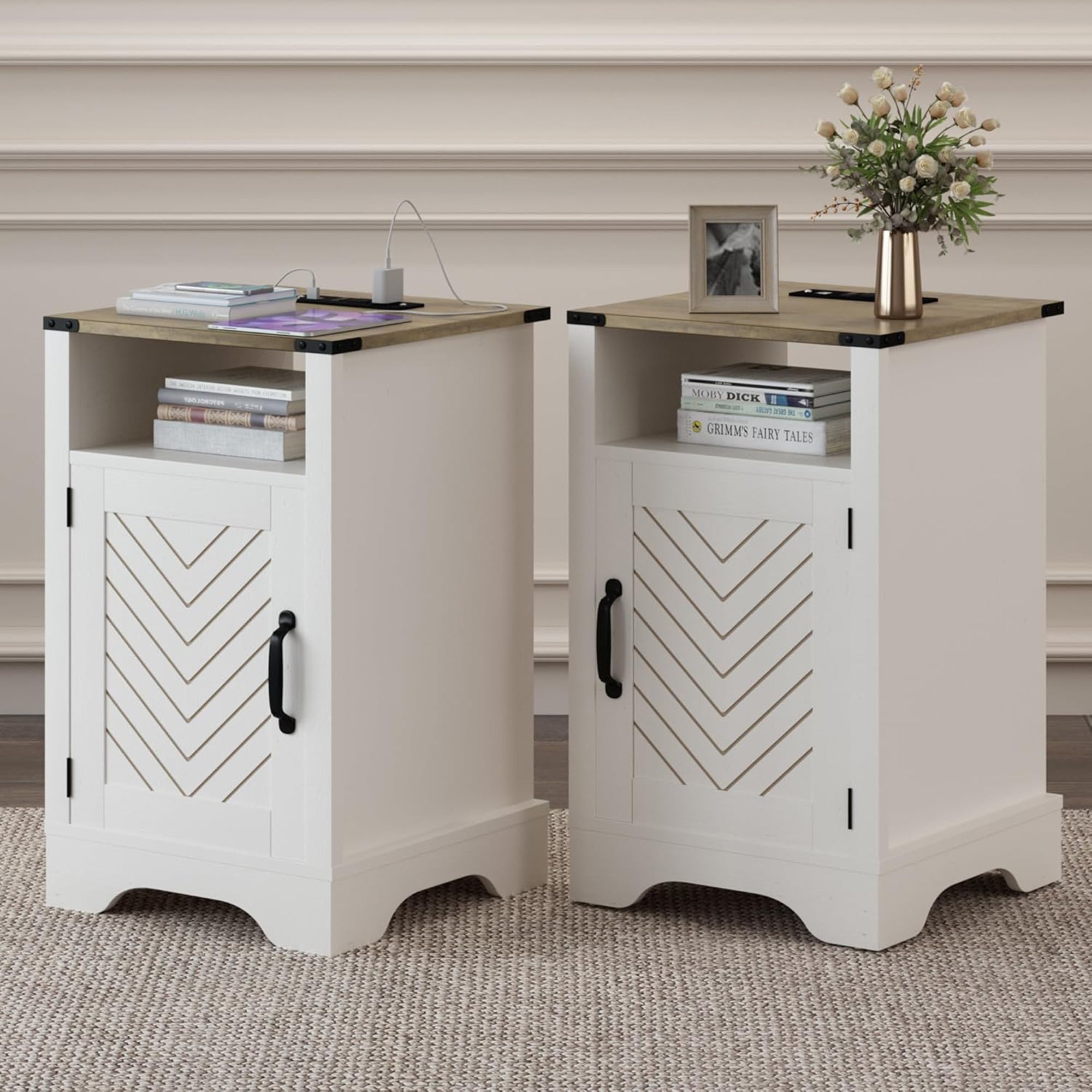 RoyalCraft Farmhouse Nightstand w/ Charging Station Set of 2 White&Oak(Open Box) - VMInnovations