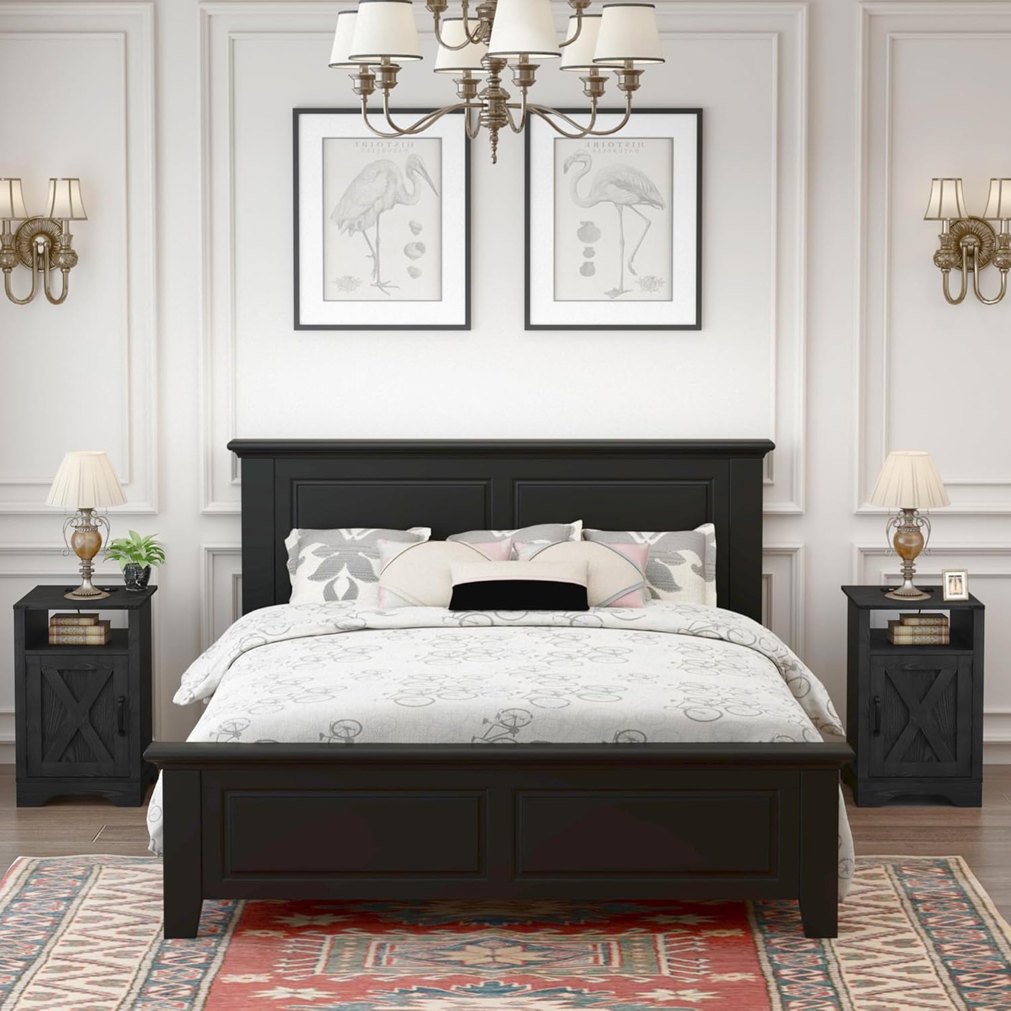 RoyalCraft Farmhouse Bedroom Nightstand with Charging Station, Set of 2, Black