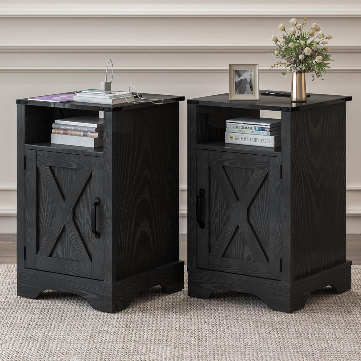 RoyalCraft Farmhouse Bedroom Nightstand w/ Charging Station, Set of 2 (Open Box) - VMInnovations