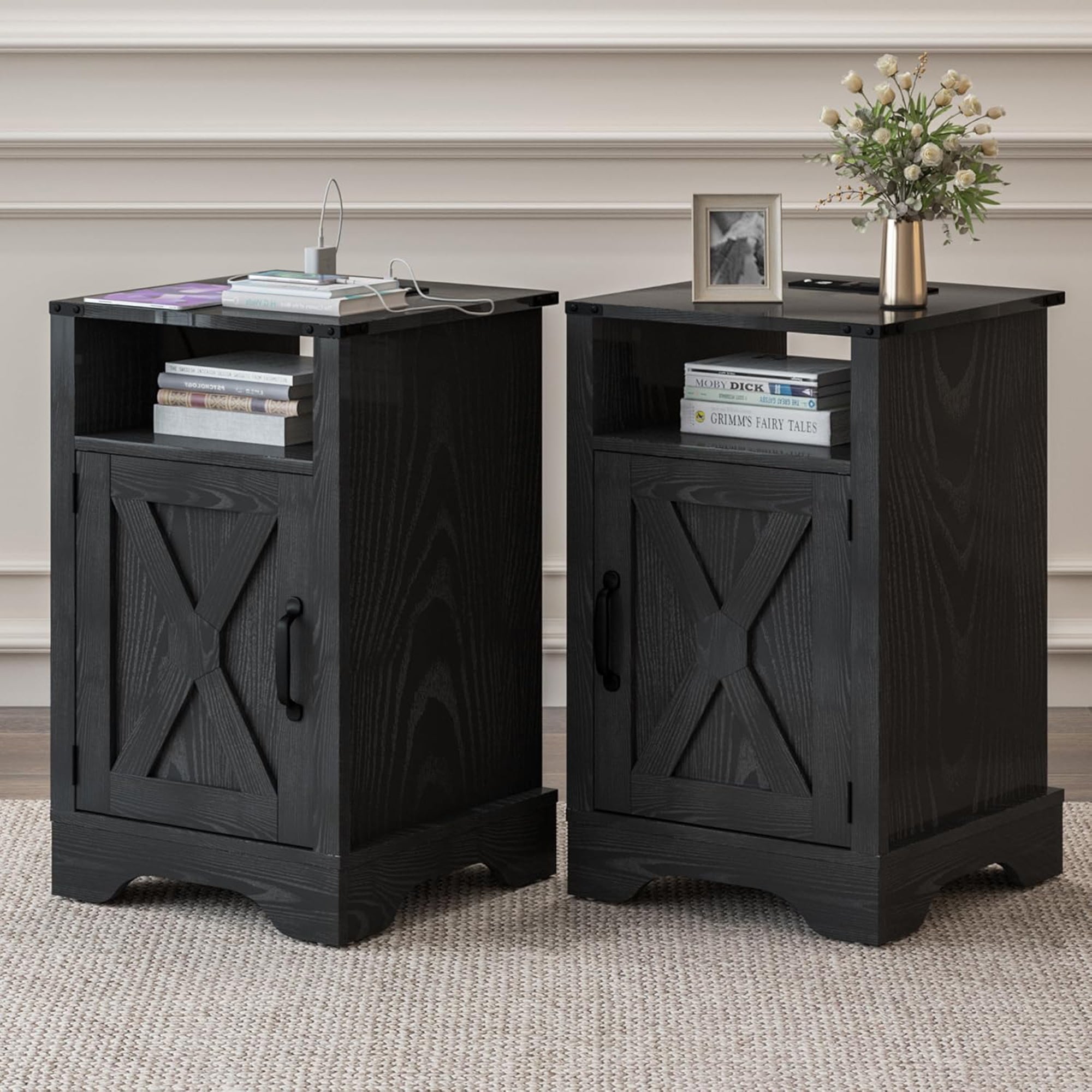 RoyalCraft Farmhouse Bedroom Nightstand w/Charging Station, Black (For Parts)
