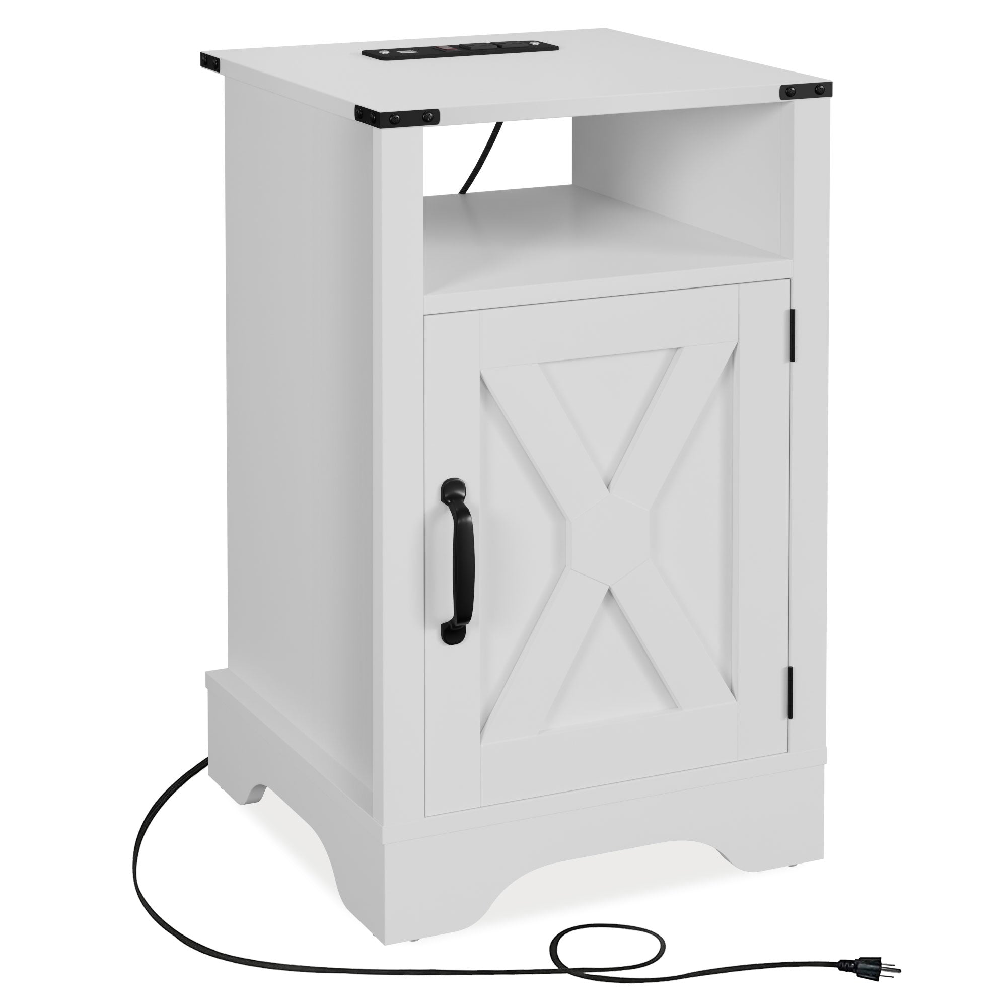 RoyalCraft Farmhouse Nightstand, Bedroom Table with Charging Station, White - VMInnovations