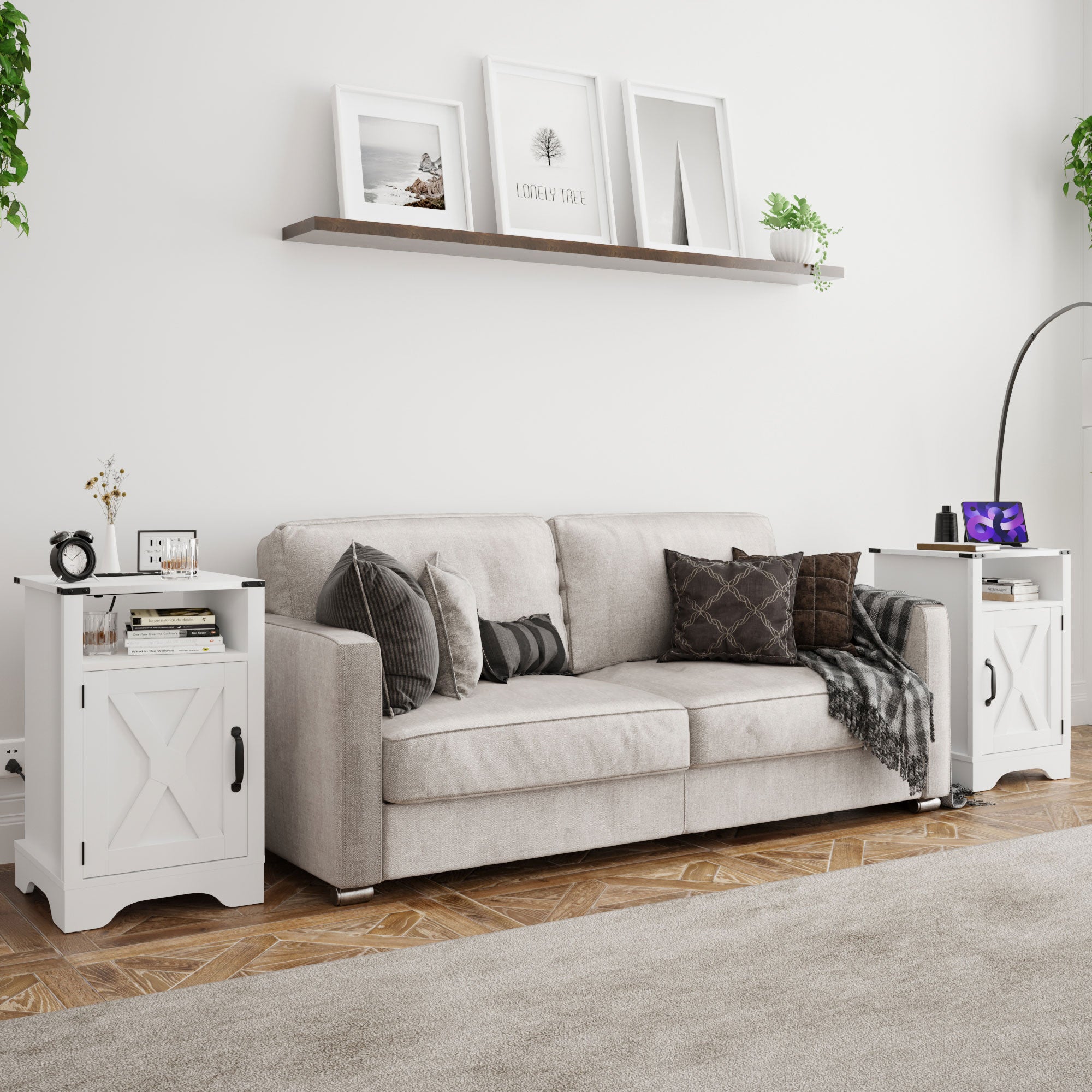 RoyalCraft Farmhouse Nightstand, Bedroom Table with Charging Station, White - VMInnovations