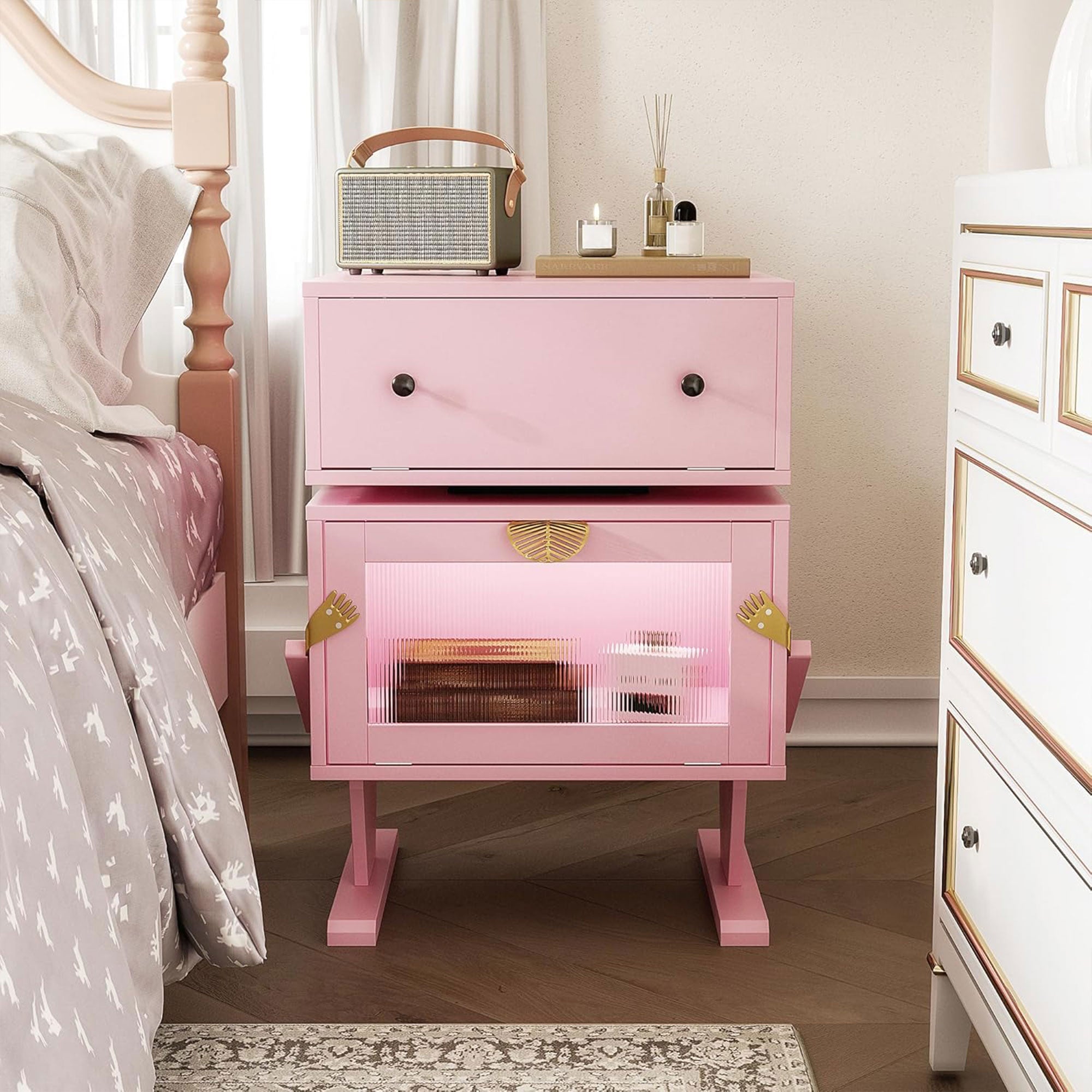 RoyalCraft Nightstand with LED Light Strips, Rotating Drawer, Pink (Open Box) - VMInnovations