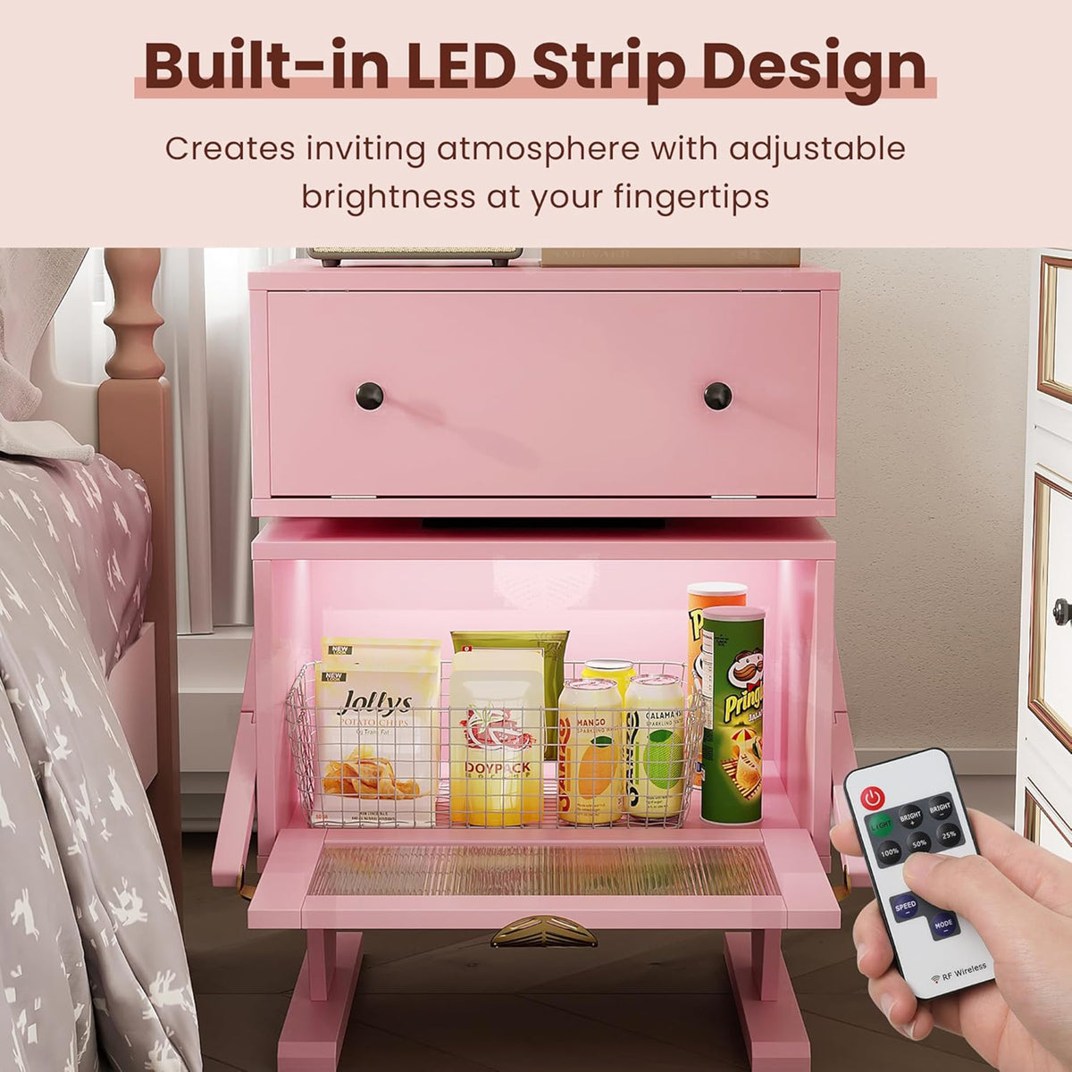 RoyalCraft Nightstand w/LED Strips, Rotating Drawer & Glass Door (For Parts)