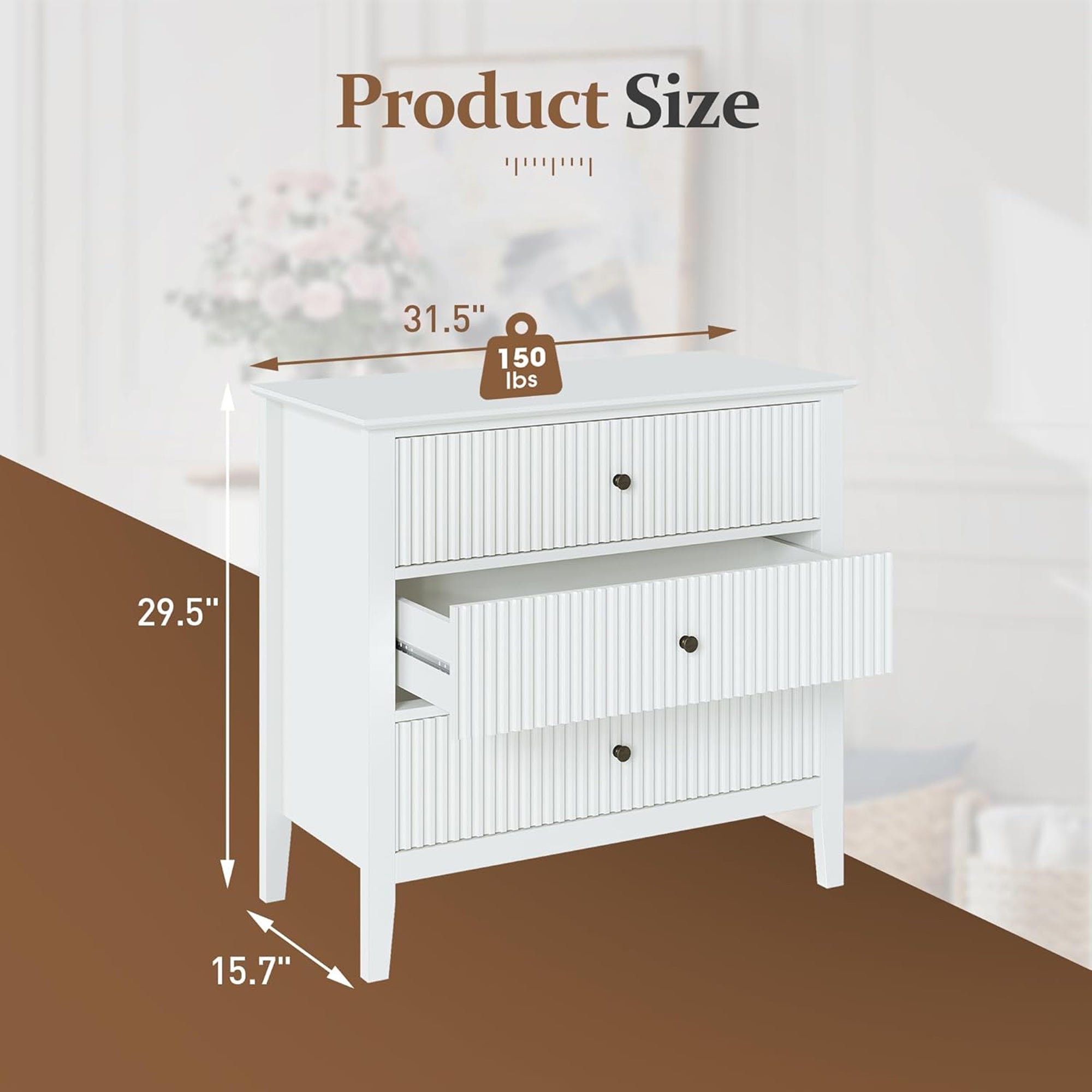 RoyalCraft Fluted Dresser 3 Drawer Bedroom Storage Cabinet/Nightstand(Open Box) - VMInnovations